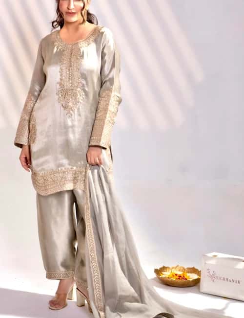 Dark Taupe Gold Hand-Embellished Silk Kurta Set with Dupatta (Set of 3) - collection image