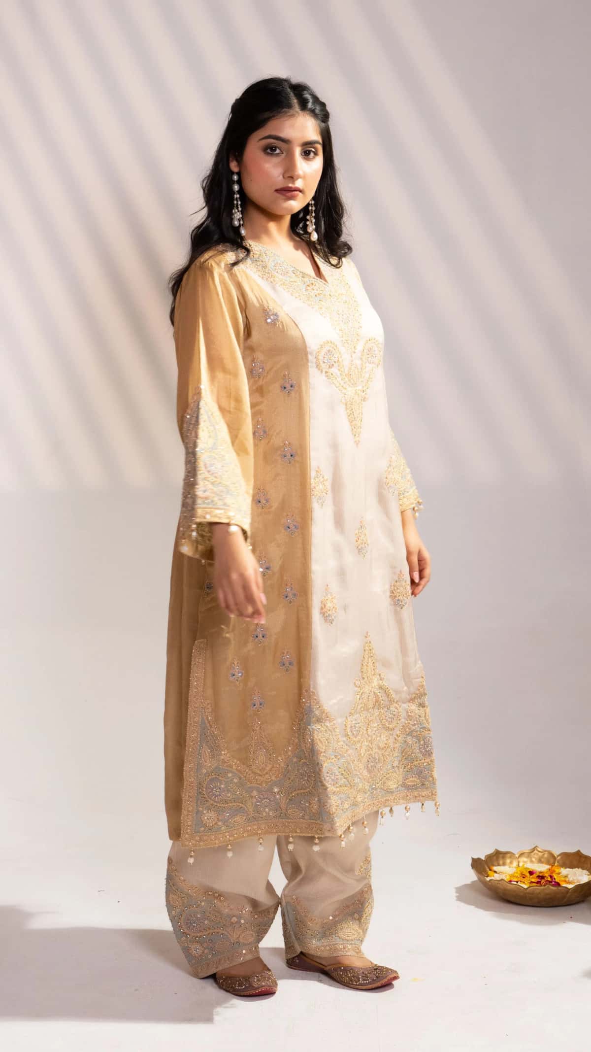 Ivory Gold Hand Embroidered Silk Kurta Set with Dupatta (Set of 3) - 2