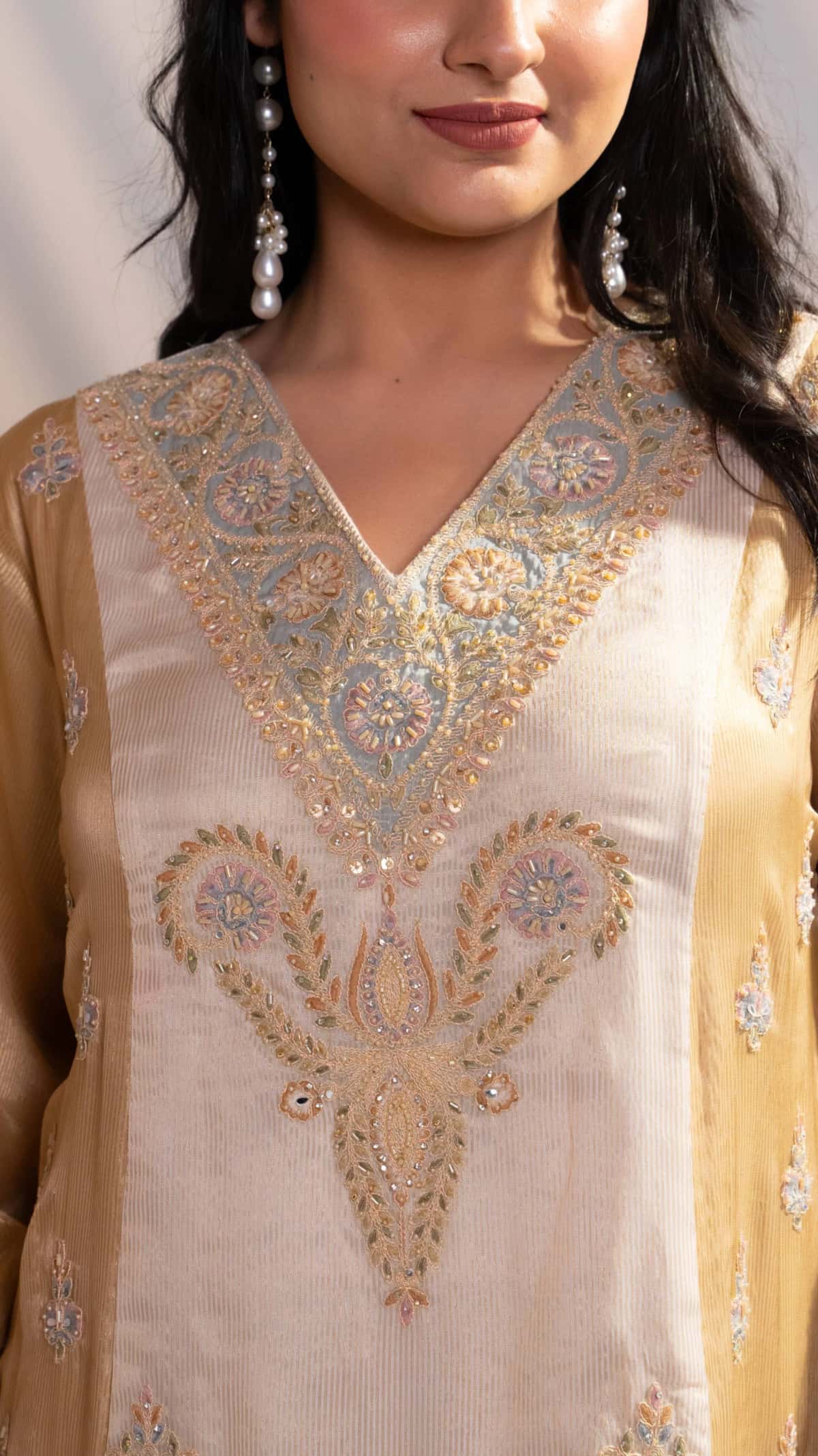 Ivory Gold Hand Embroidered Silk Kurta Set with Dupatta (Set of 3) - 5