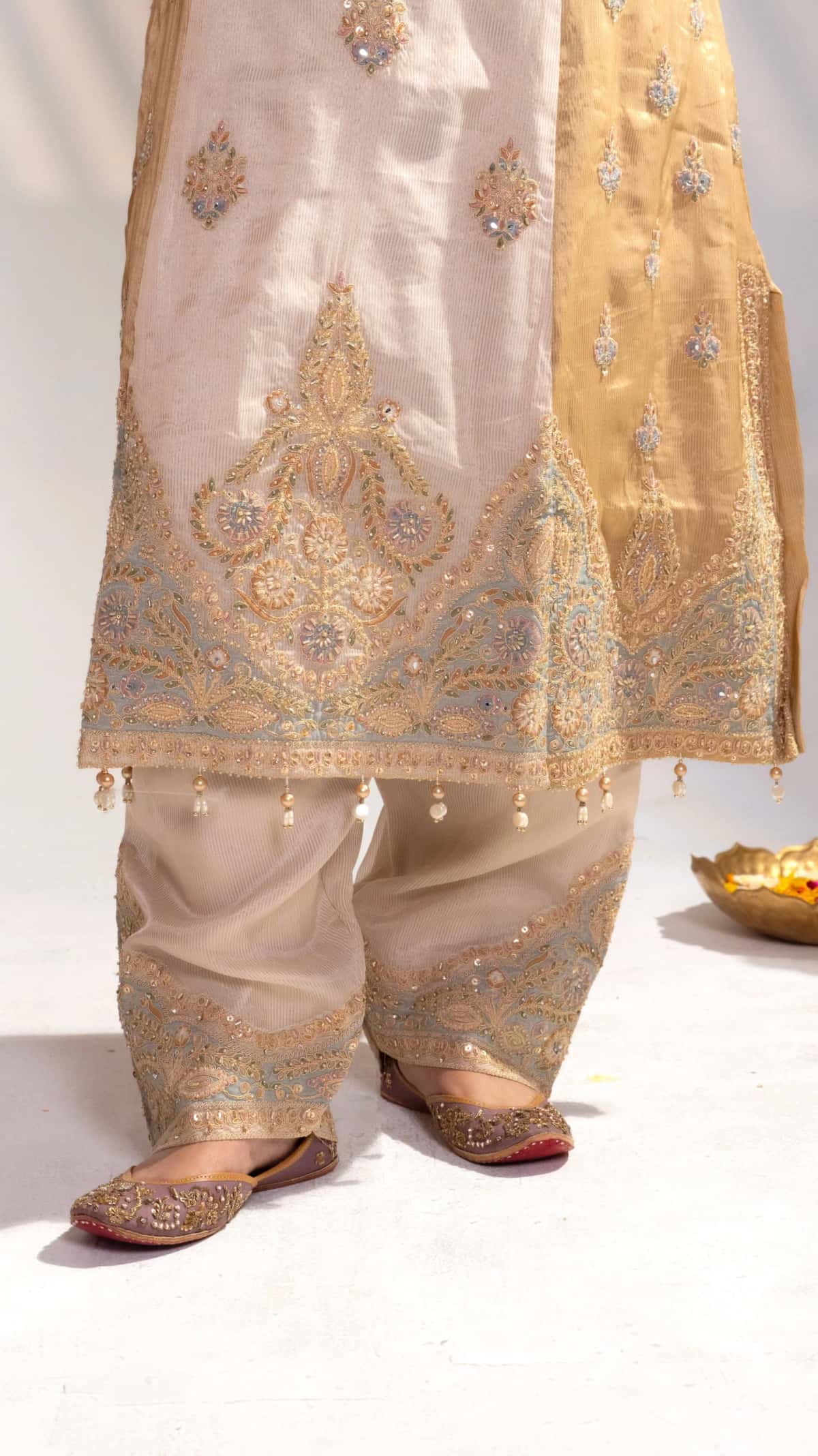 Ivory Gold Hand Embroidered Silk Kurta Set with Dupatta (Set of 3) - 6