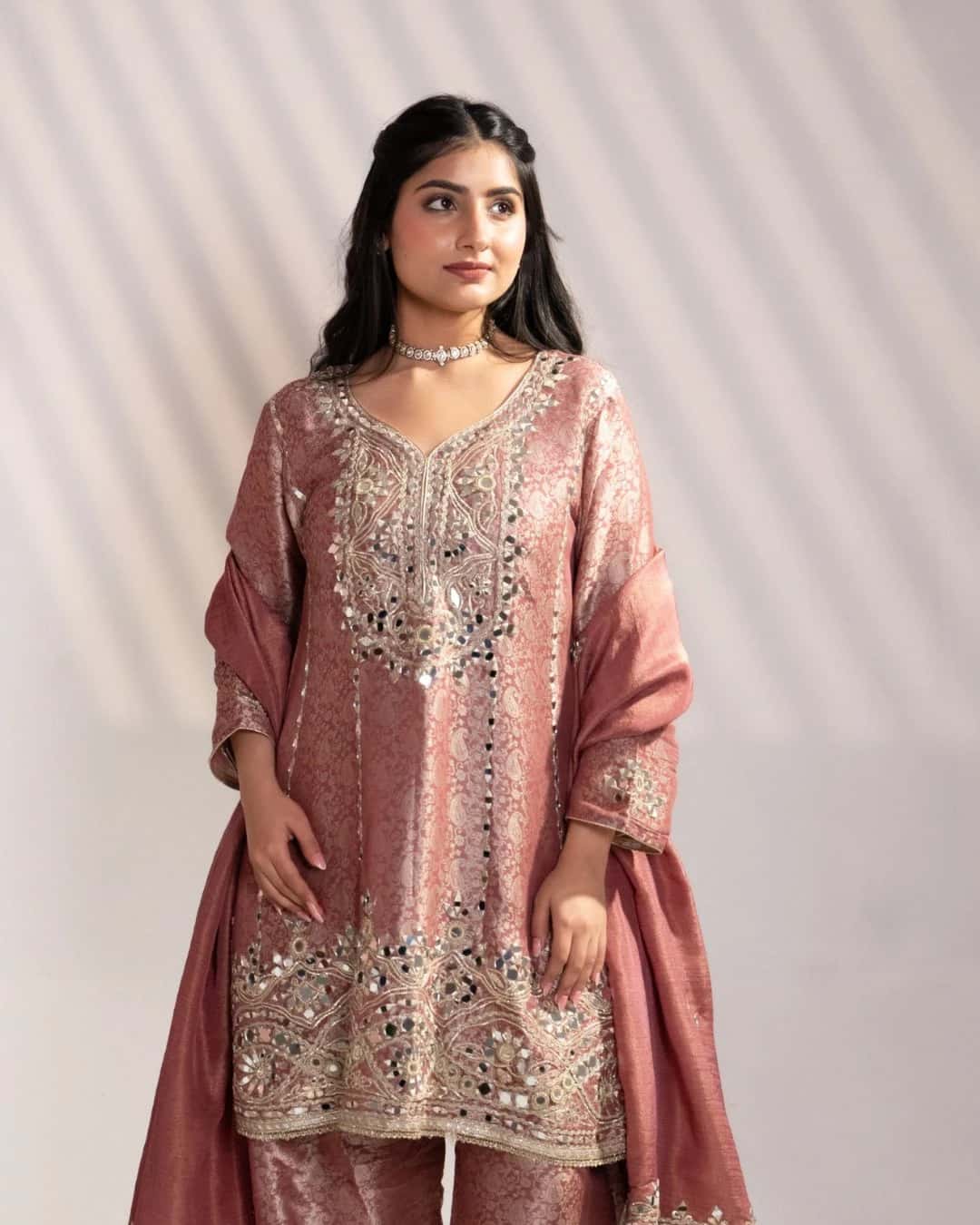 Dark Onion Brocade Printed Suit Set With Mirror Work (Set of 3) - 1