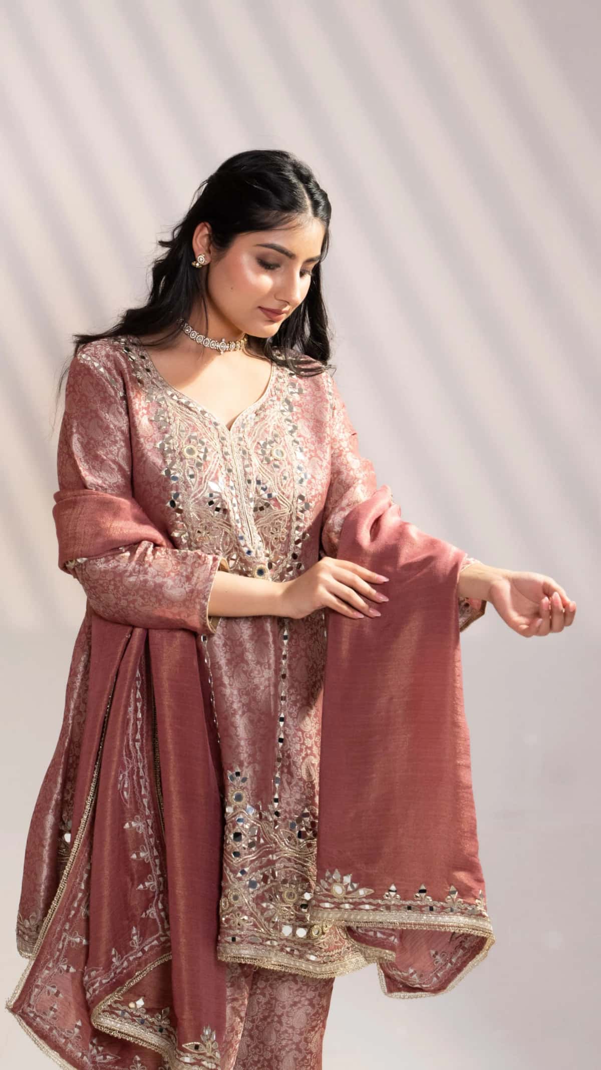 Dark Onion Brocade Printed Suit Set With Mirror Work (Set of 3) - 2