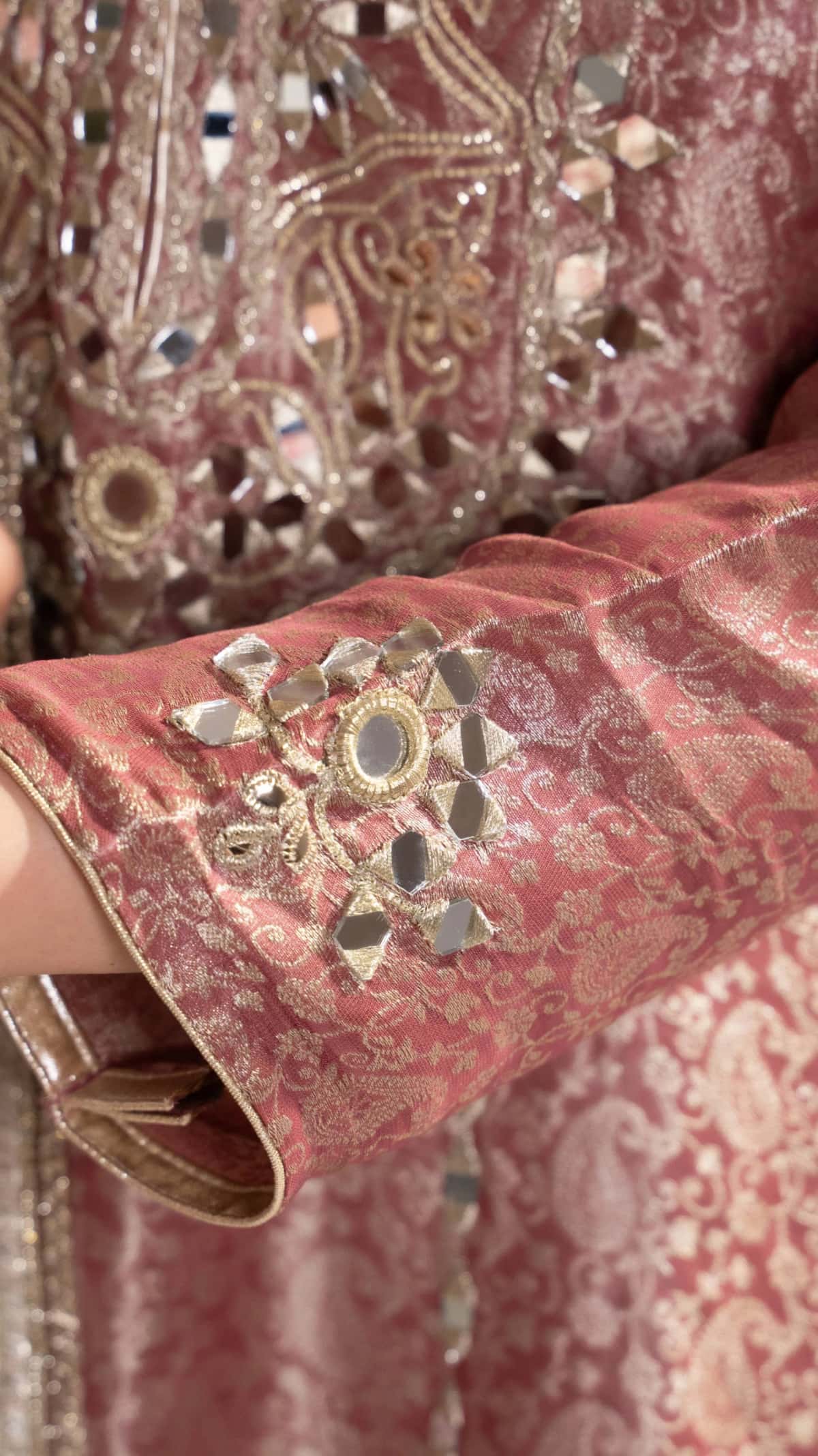 Dark Onion Brocade Printed Suit Set With Mirror Work (Set of 3) - 3