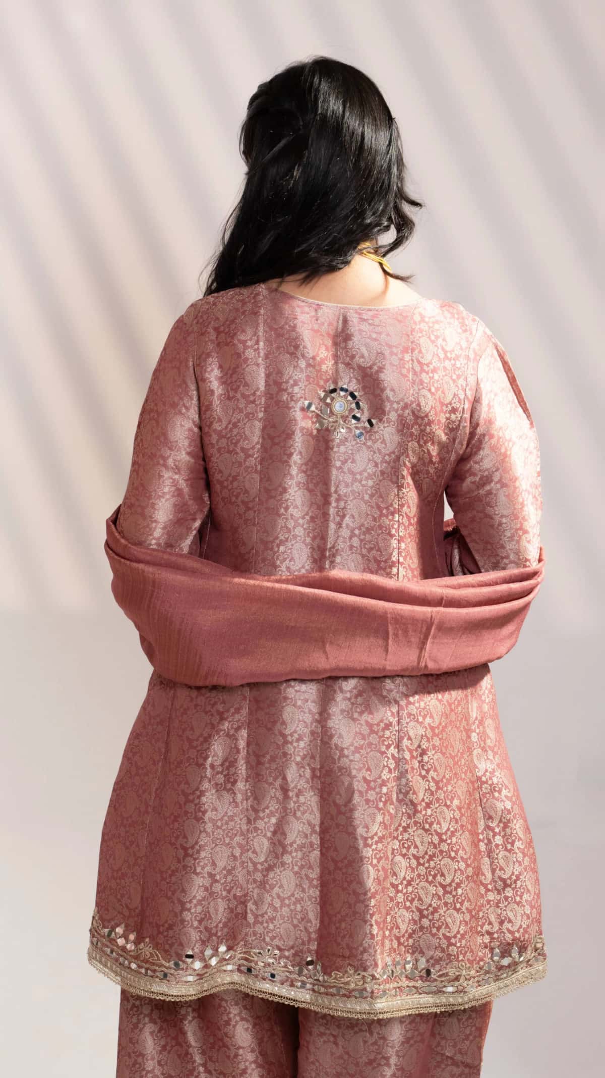 Dark Onion Brocade Printed Suit Set With Mirror Work (Set of 3) - 4