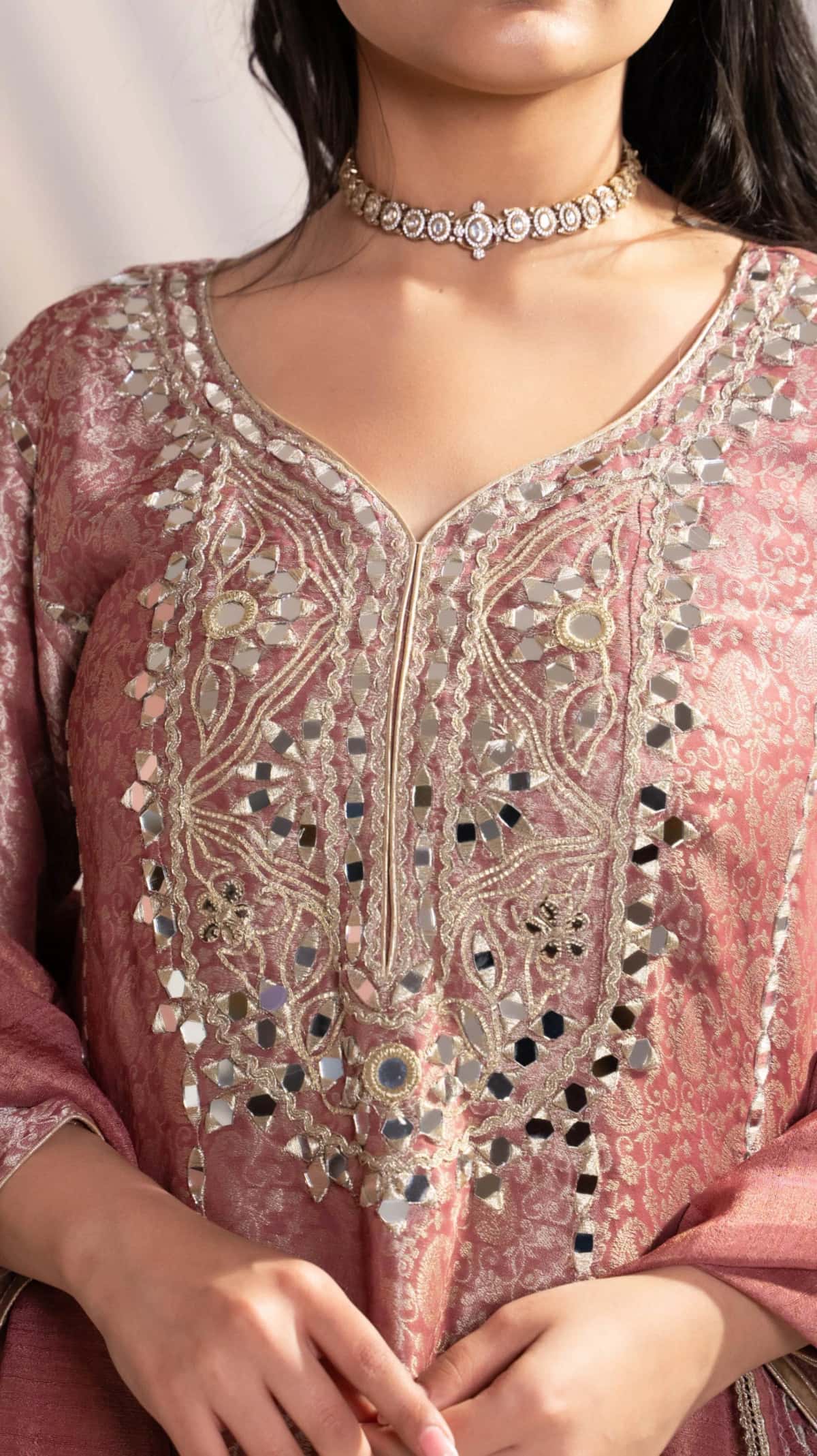 Dark Onion Brocade Printed Suit Set With Mirror Work (Set of 3) - 5