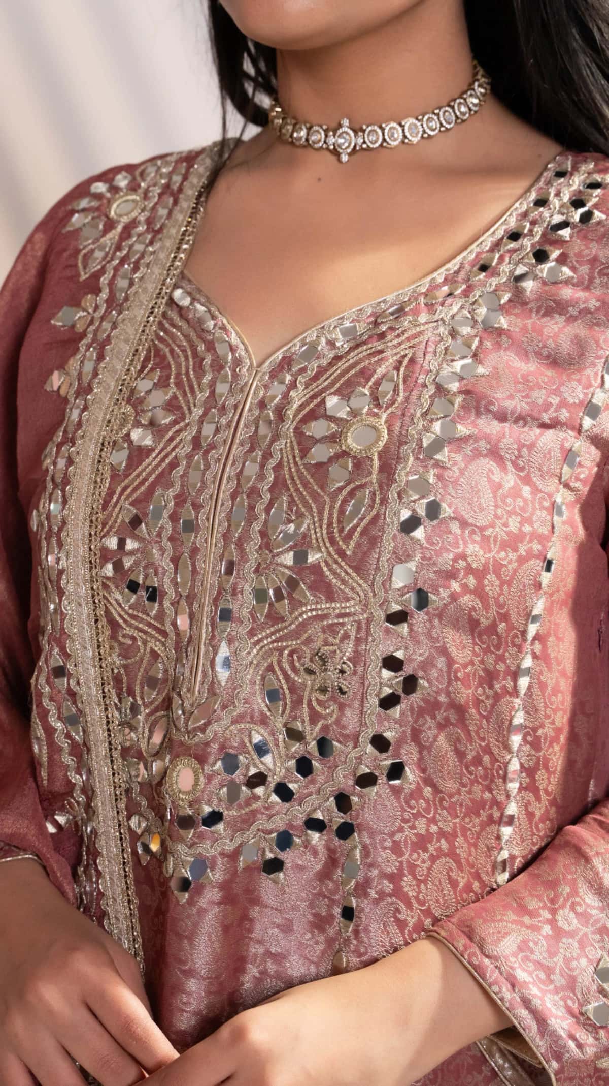 Dark Onion Brocade Printed Suit Set With Mirror Work (Set of 3) - 6