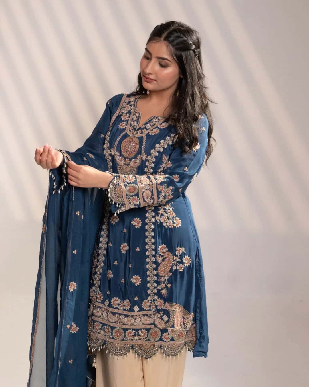 Blue Satin Silk Embroidered Kurti Set (Set of 3) - 1