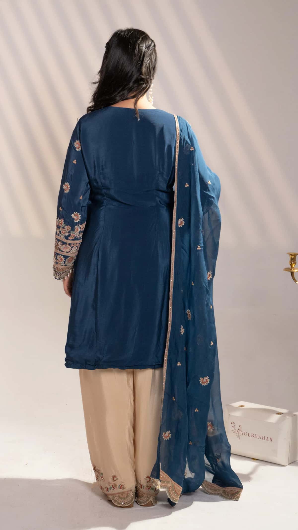 Blue Satin Silk Embroidered Kurti Set (Set of 3) - 2