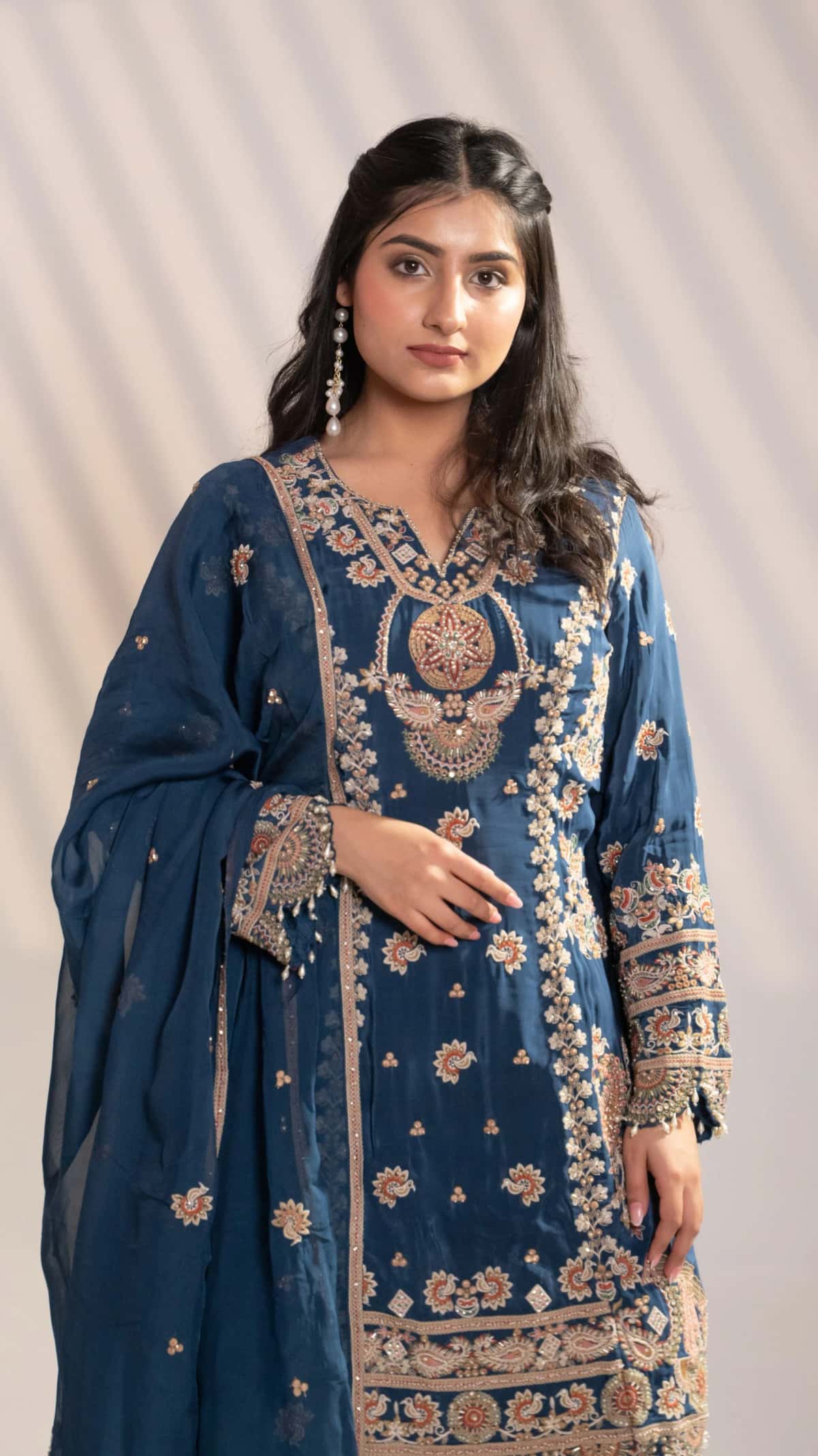 Blue Satin Silk Embroidered Kurti Set (Set of 3) - 3