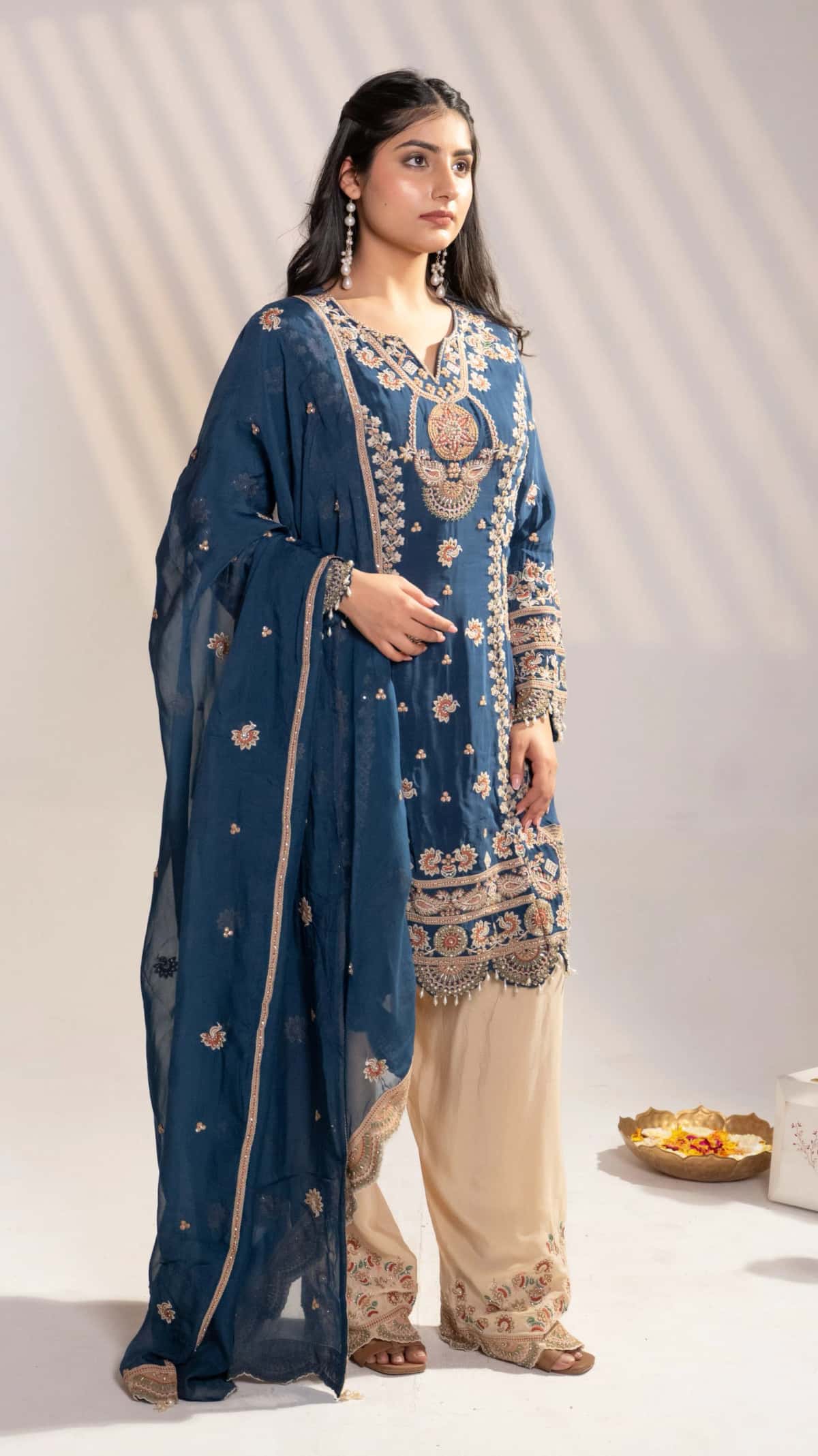 Blue Satin Silk Embroidered Kurti Set (Set of 3) - 4