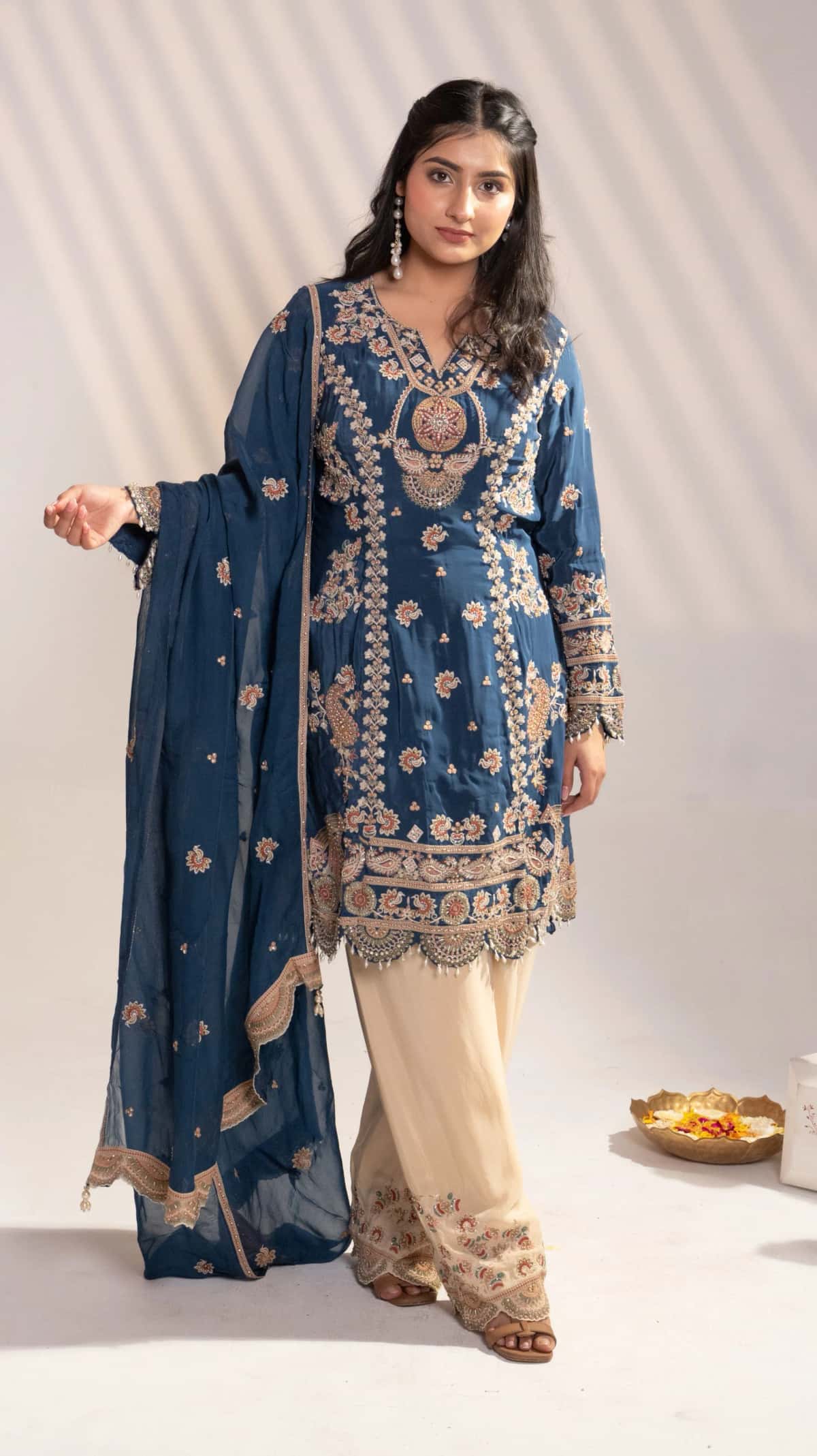 Blue Satin Silk Embroidered Kurti Set (Set of 3) - 5