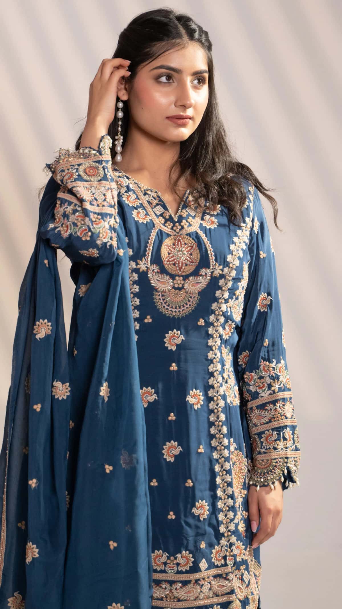 Blue Satin Silk Embroidered Kurti Set (Set of 3) - 6