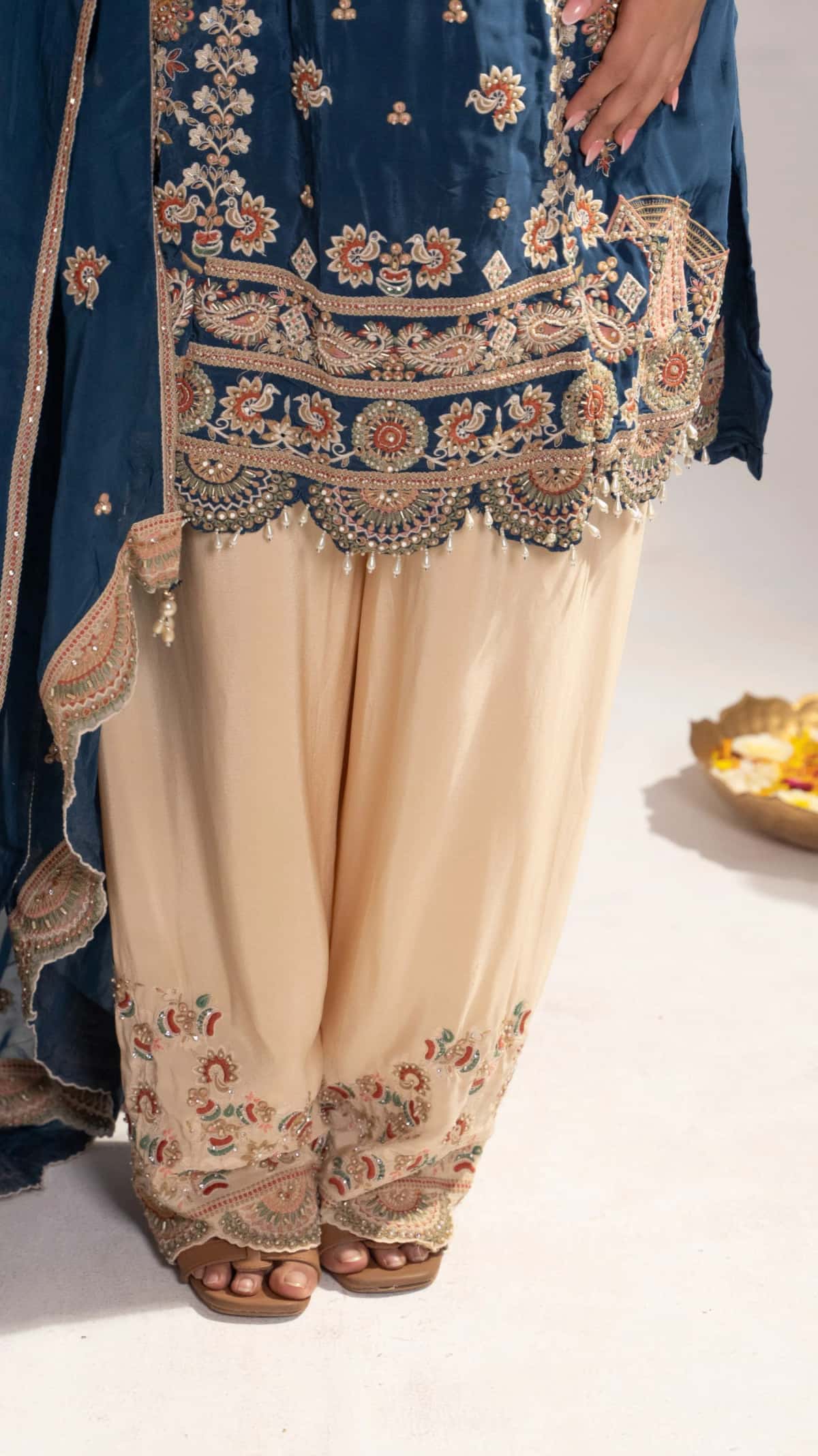 Blue Satin Silk Embroidered Kurti Set (Set of 3) - 7