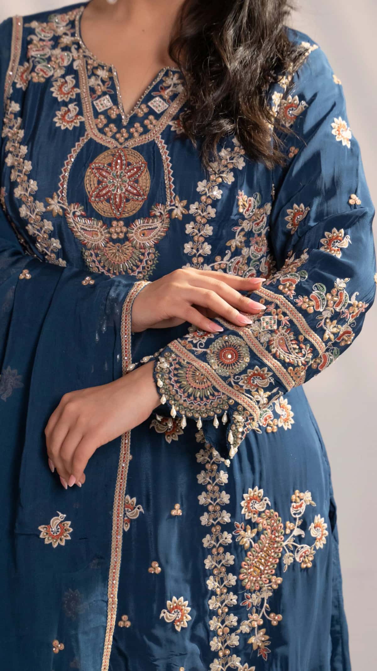 Blue Satin Silk Embroidered Kurti Set (Set of 3) - 8