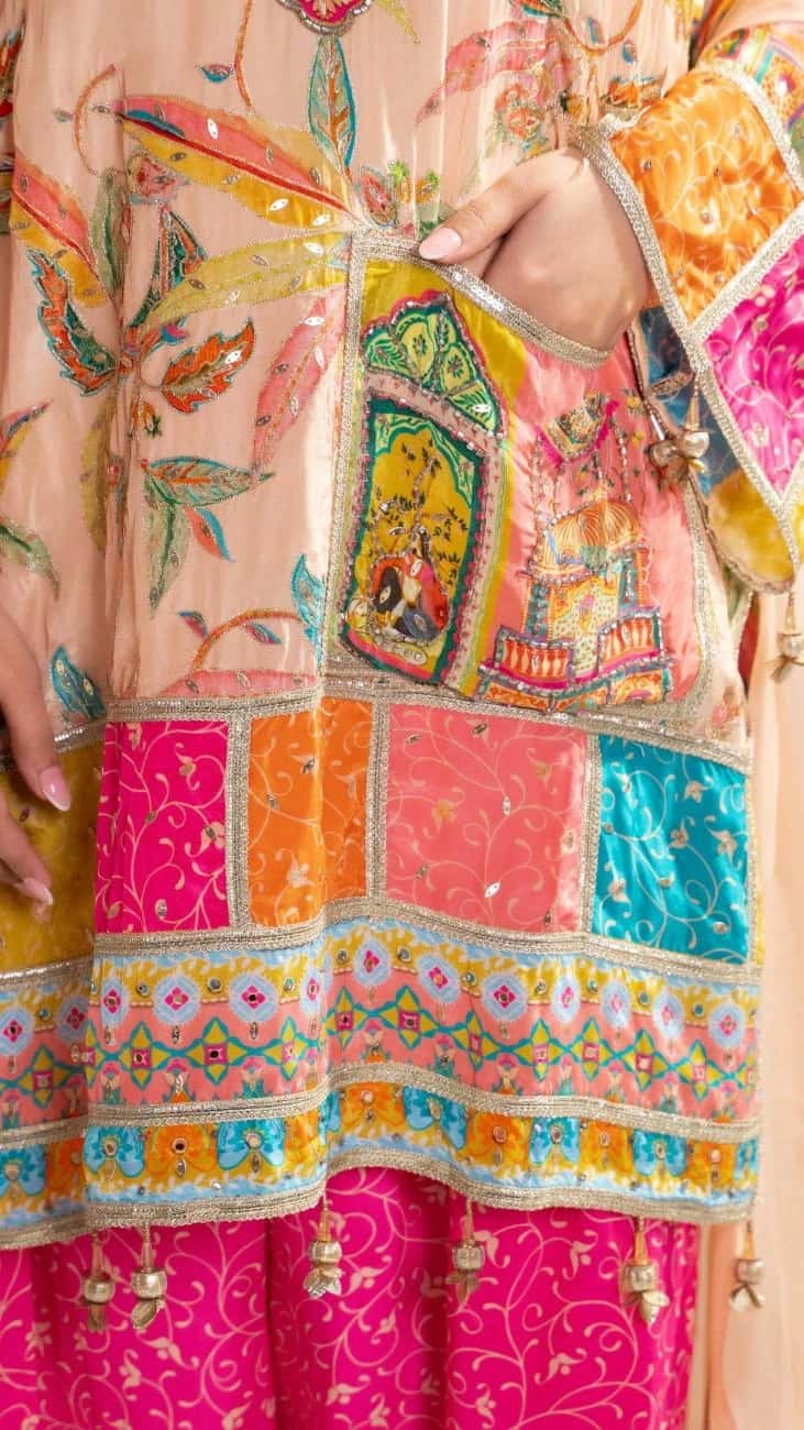 Peach Floral Kurta Set & Pink Dhoti Pants - 5