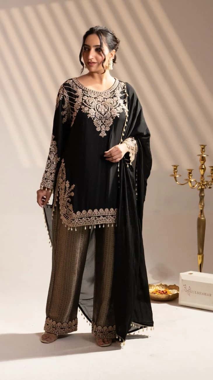 Black Embroidered Kurta Set with Palazzo - 1