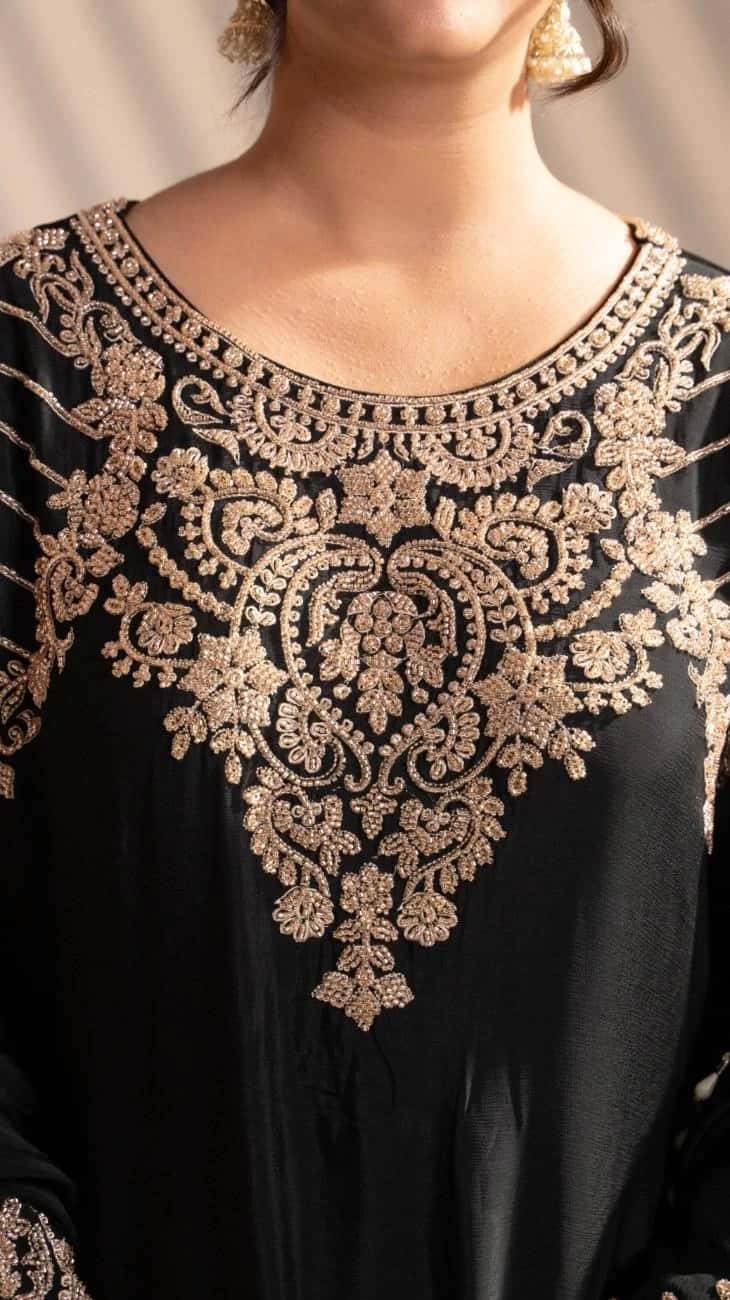 Black Embroidered Kurta Set with Palazzo - 4