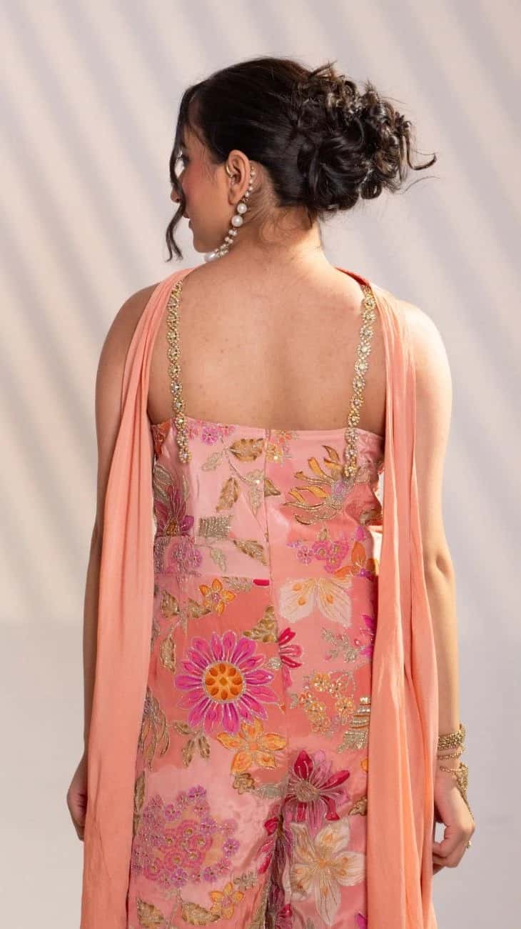 Blush Floral Embroidered Jumpsuit with Drape Dupatta - 2