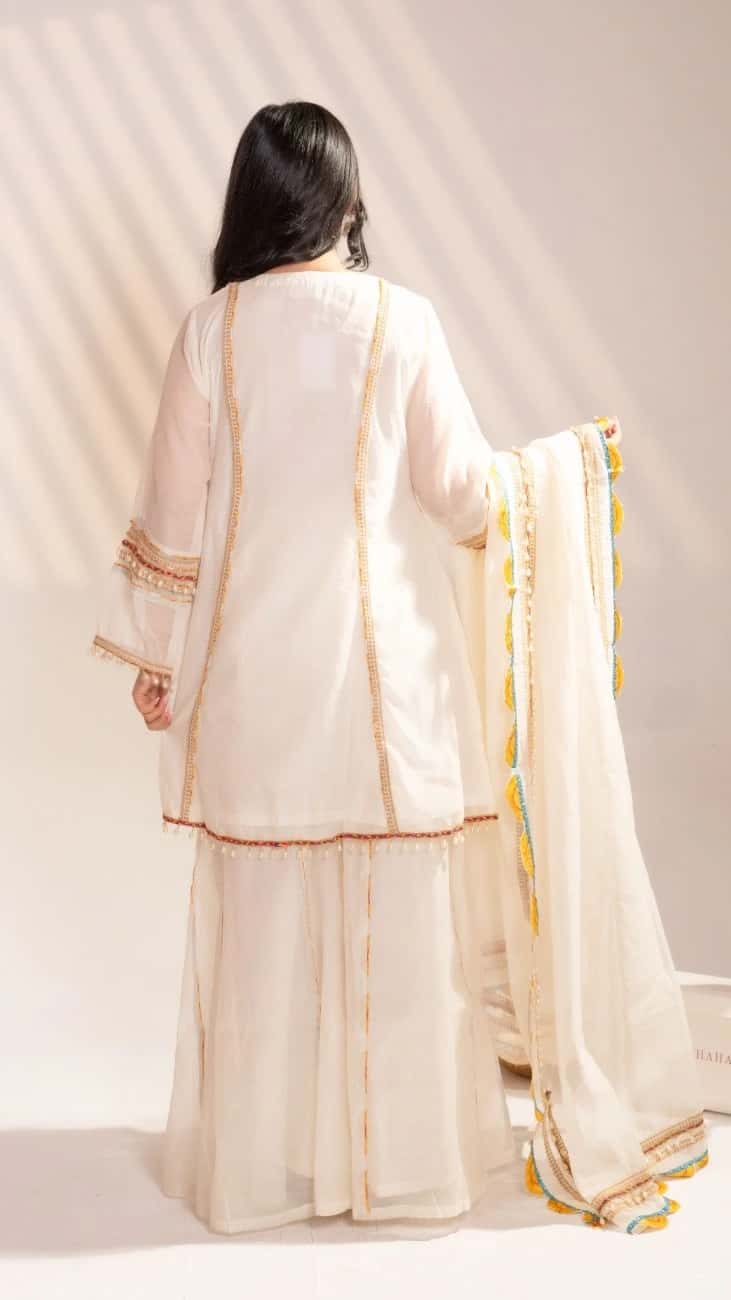  Ivory Hand-Beaded Kurta Malmal Set with Sharara & Dupatta (Set of 3) - 2