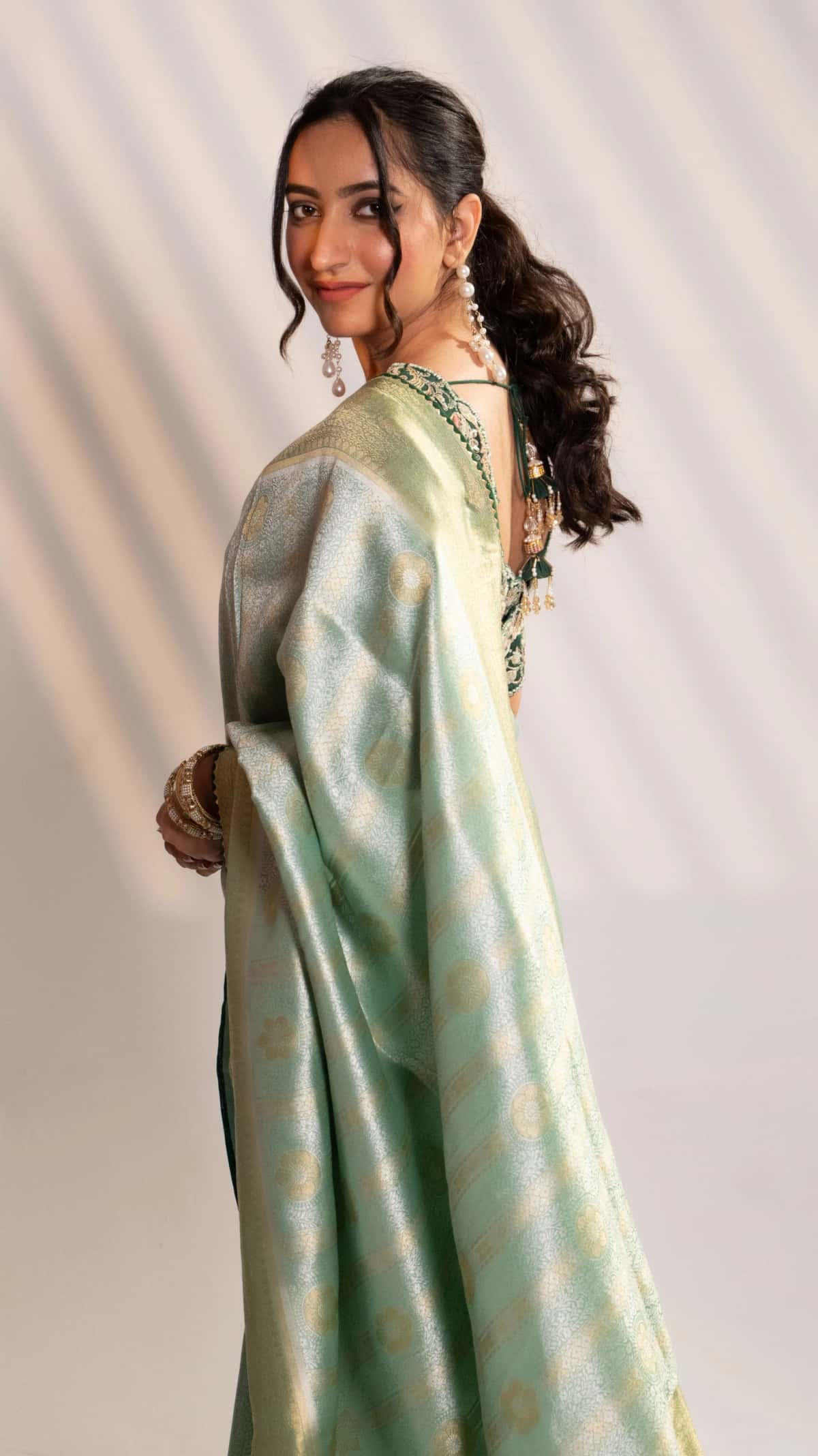 Green Banarasi Saree with Zari Embroidery - 3