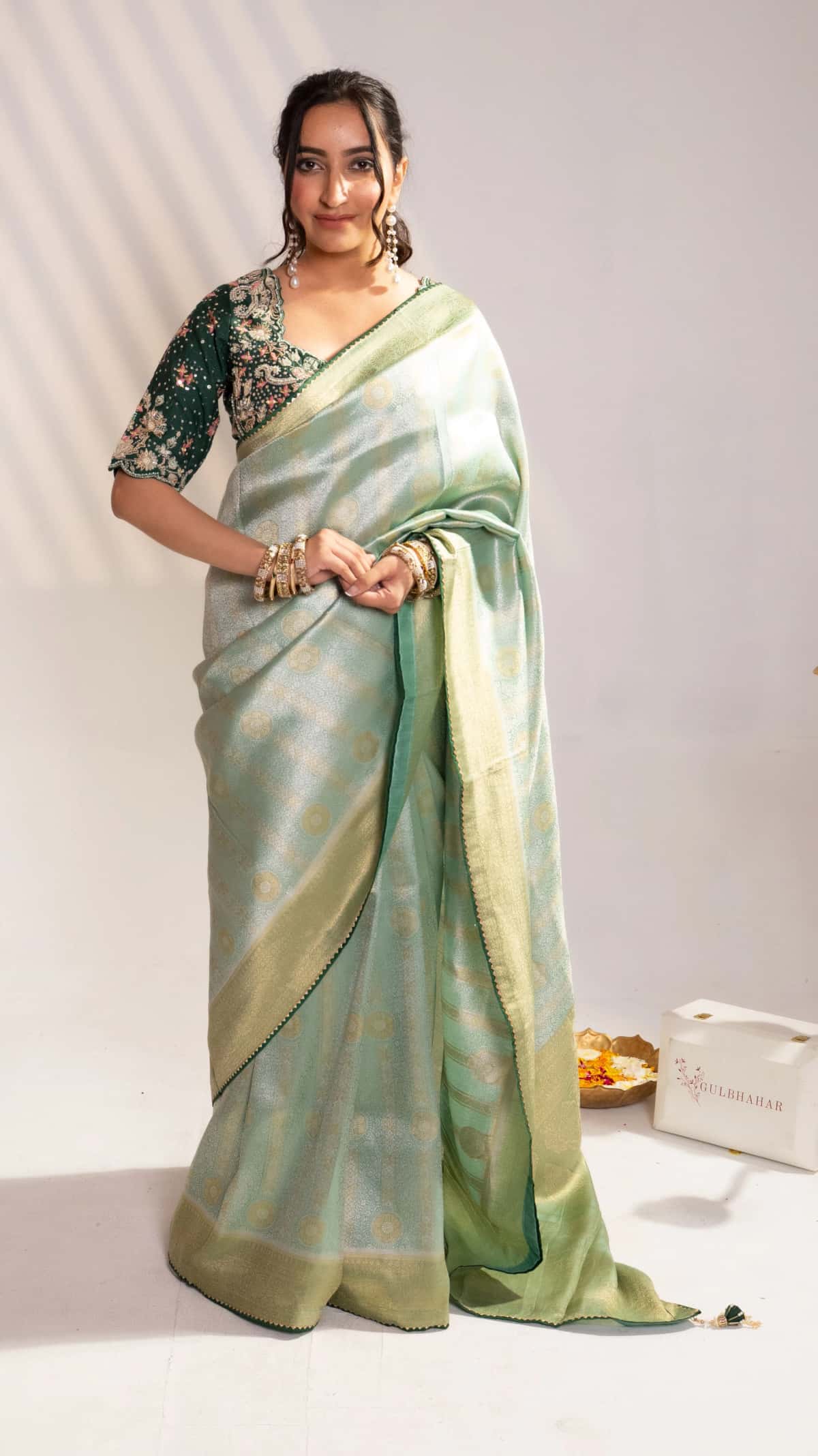 Green Banarasi Saree with Zari Embroidery - 6