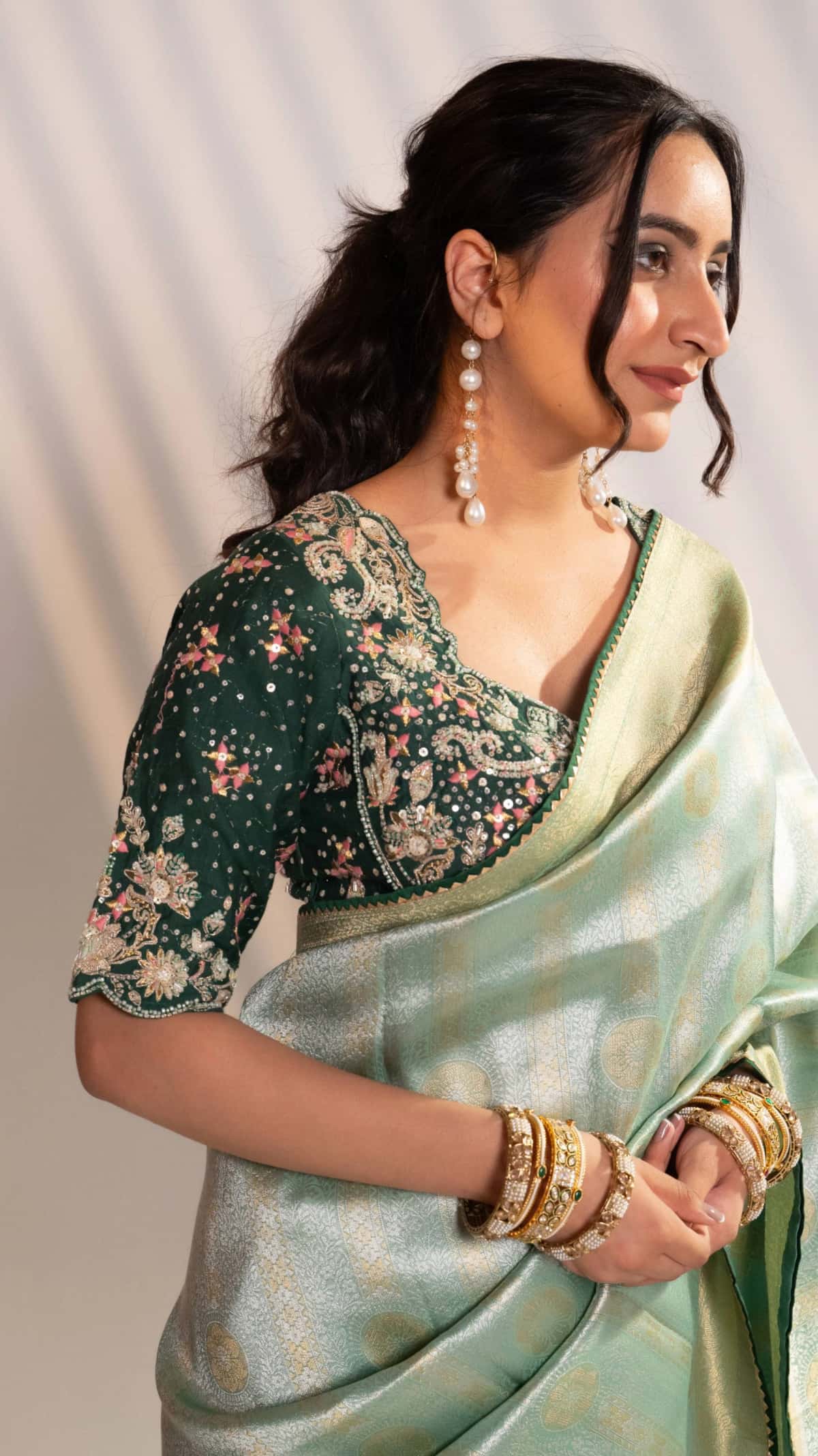 Green Banarasi Saree with Zari Embroidery - 8