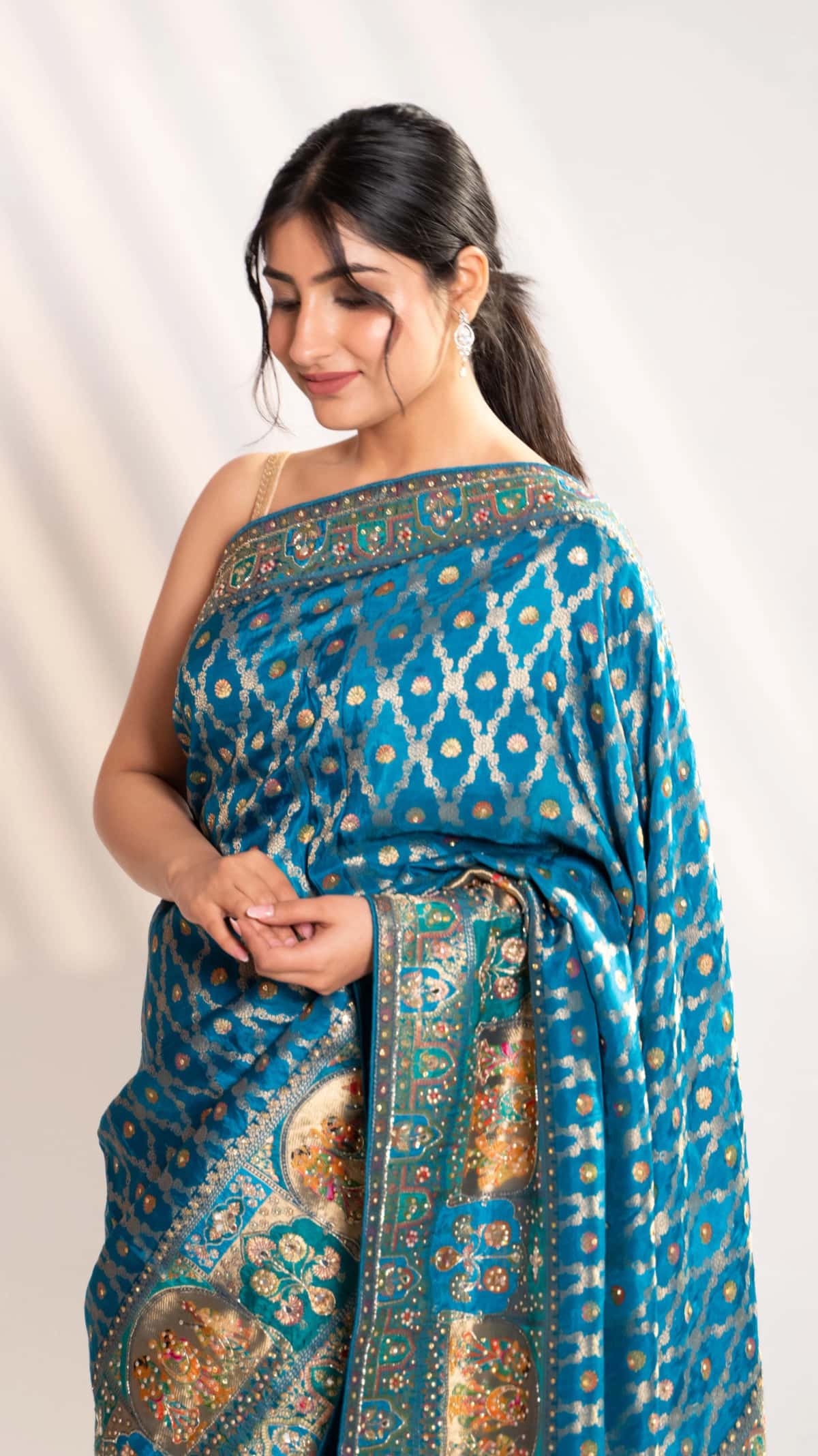Royal Peacock Teal Banarasi Silk Saree - 8
