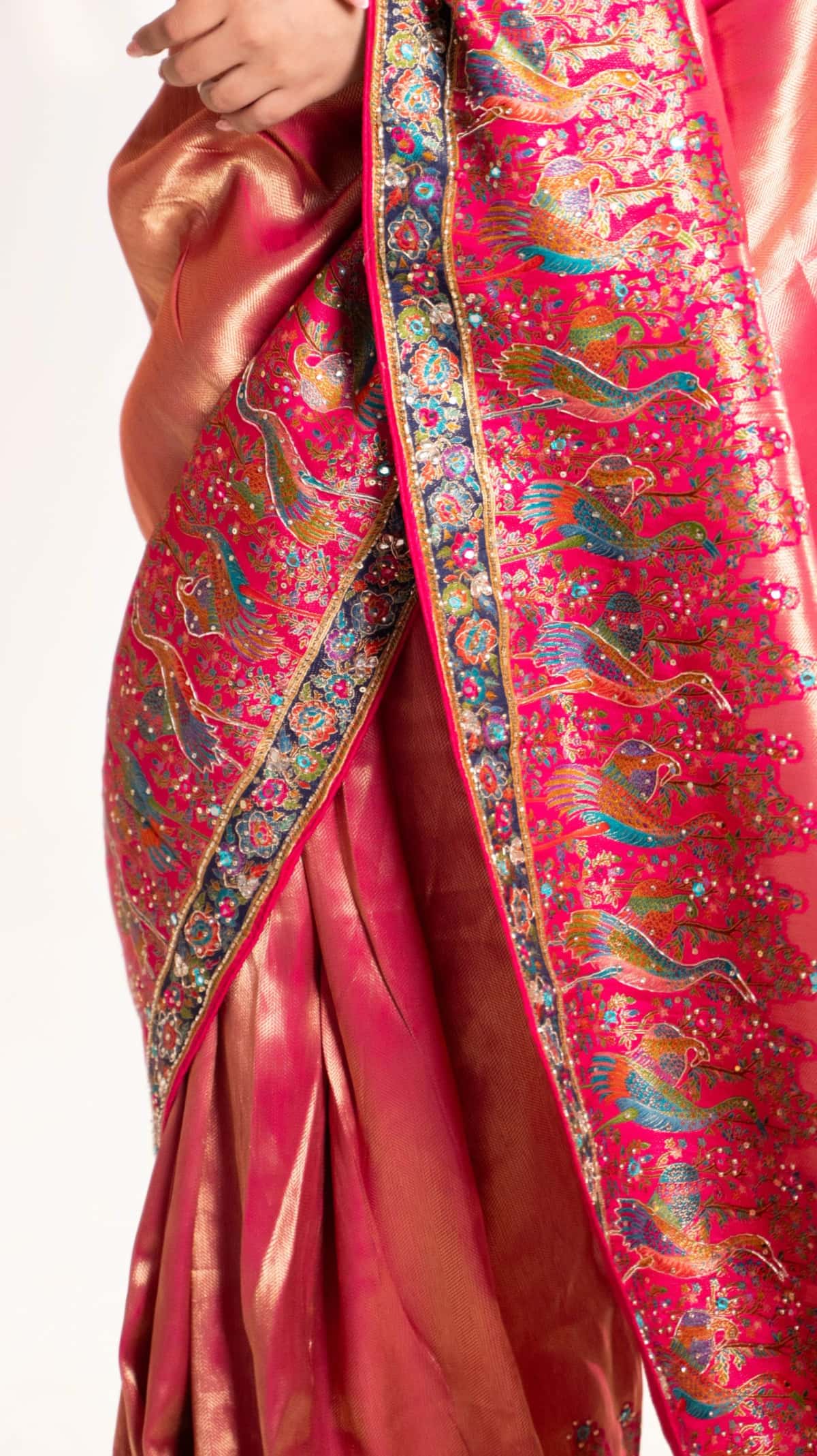 Bright Rani Pink Banarasi Silk Saree with Peacock Motifs & Tassel Pallu - 6