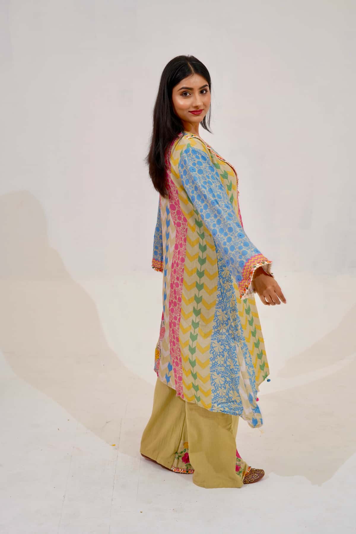 Pastel Patchwork Kurta Set with Floral Dupatta (Set of 3) - 2