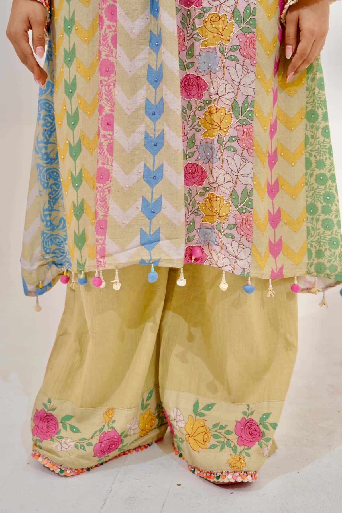 Pastel Patchwork Kurta Set with Floral Dupatta (Set of 3) - 4