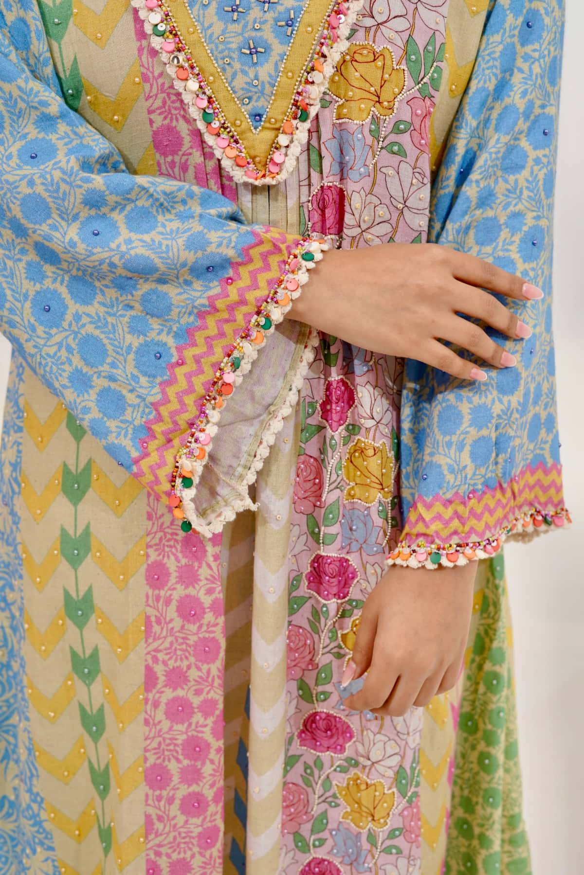 Pastel Patchwork Kurta Set with Floral Dupatta (Set of 3) - 5