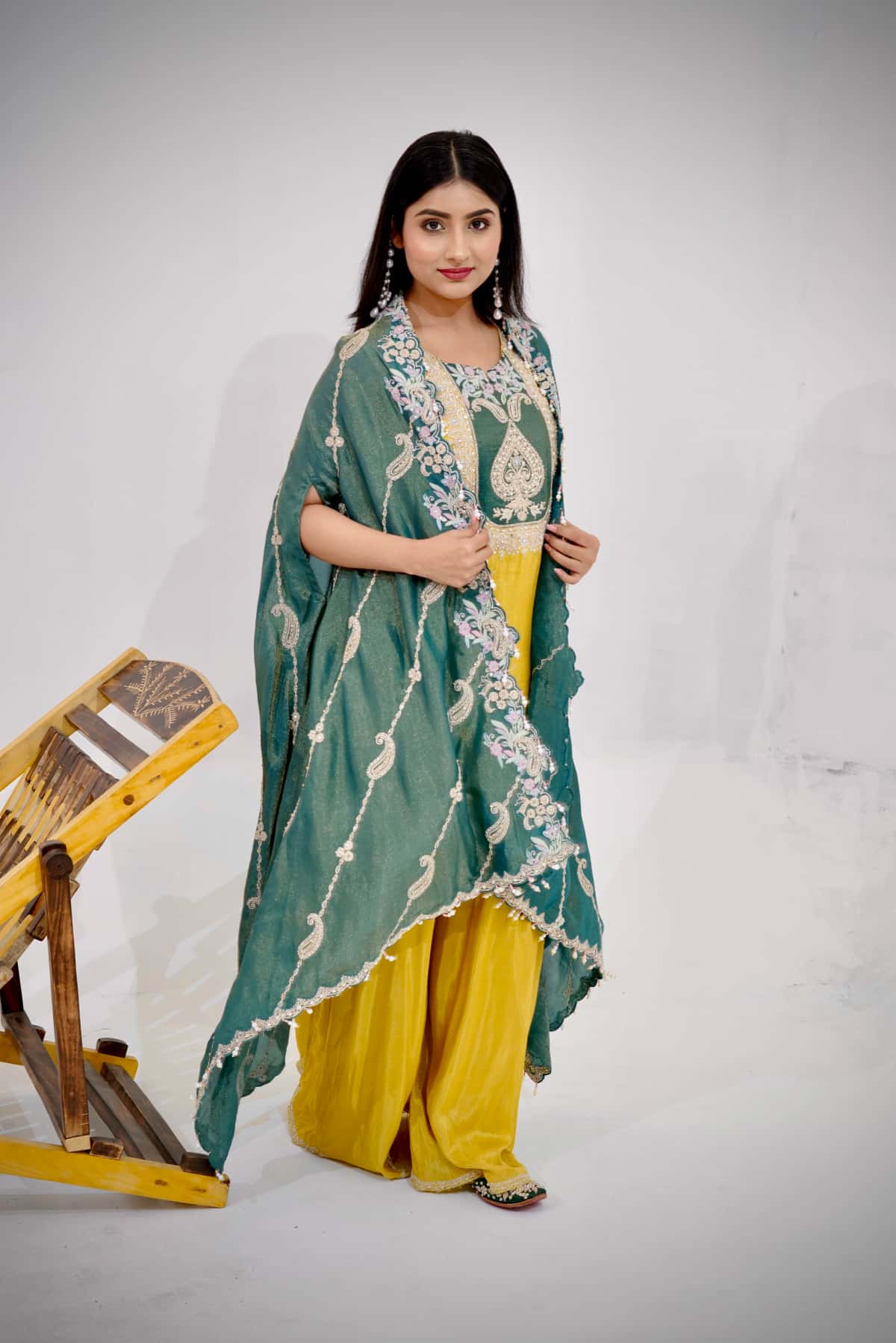 Light Mustard Tissue Silk A-line Suit Set with Dupatta (Set of 3) - 2