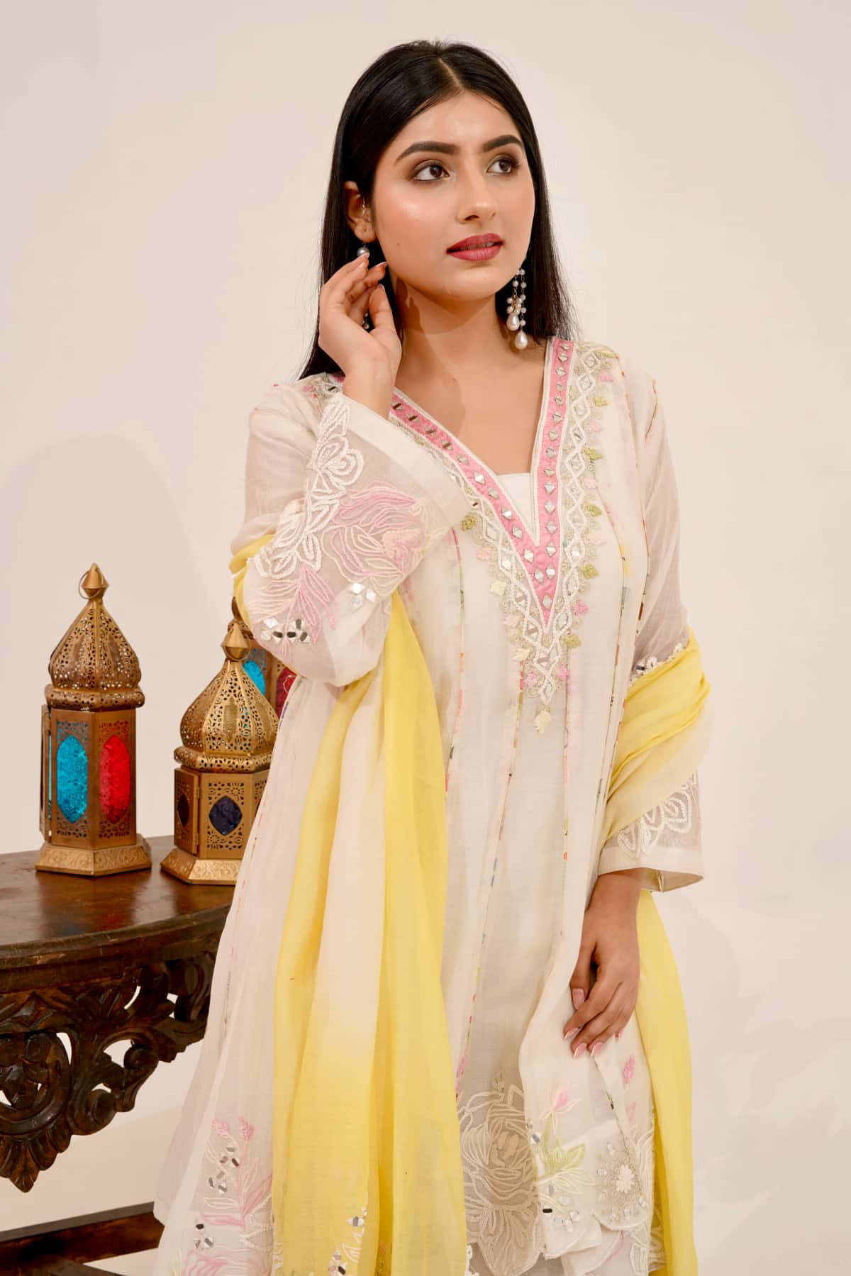 Ivory Blossom Kurta Set with Lemon Dupatta (Set of 3) - 5