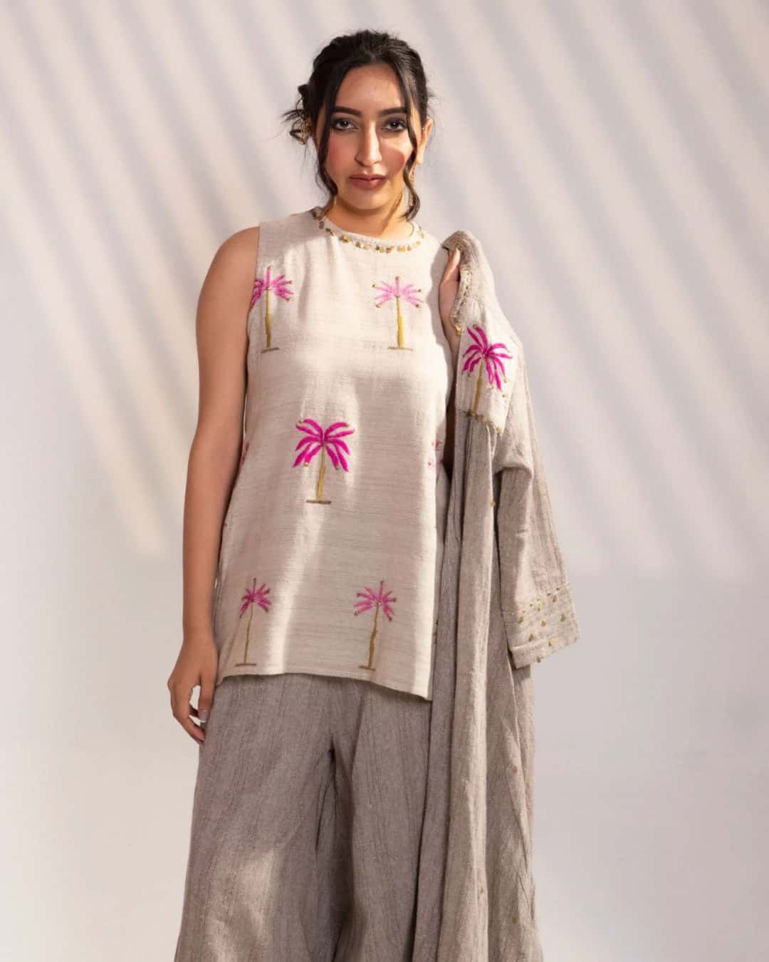 Natural Beige Palm Embroidered Co-Ord Set with Overlay Jacket (Set of 3) - 1