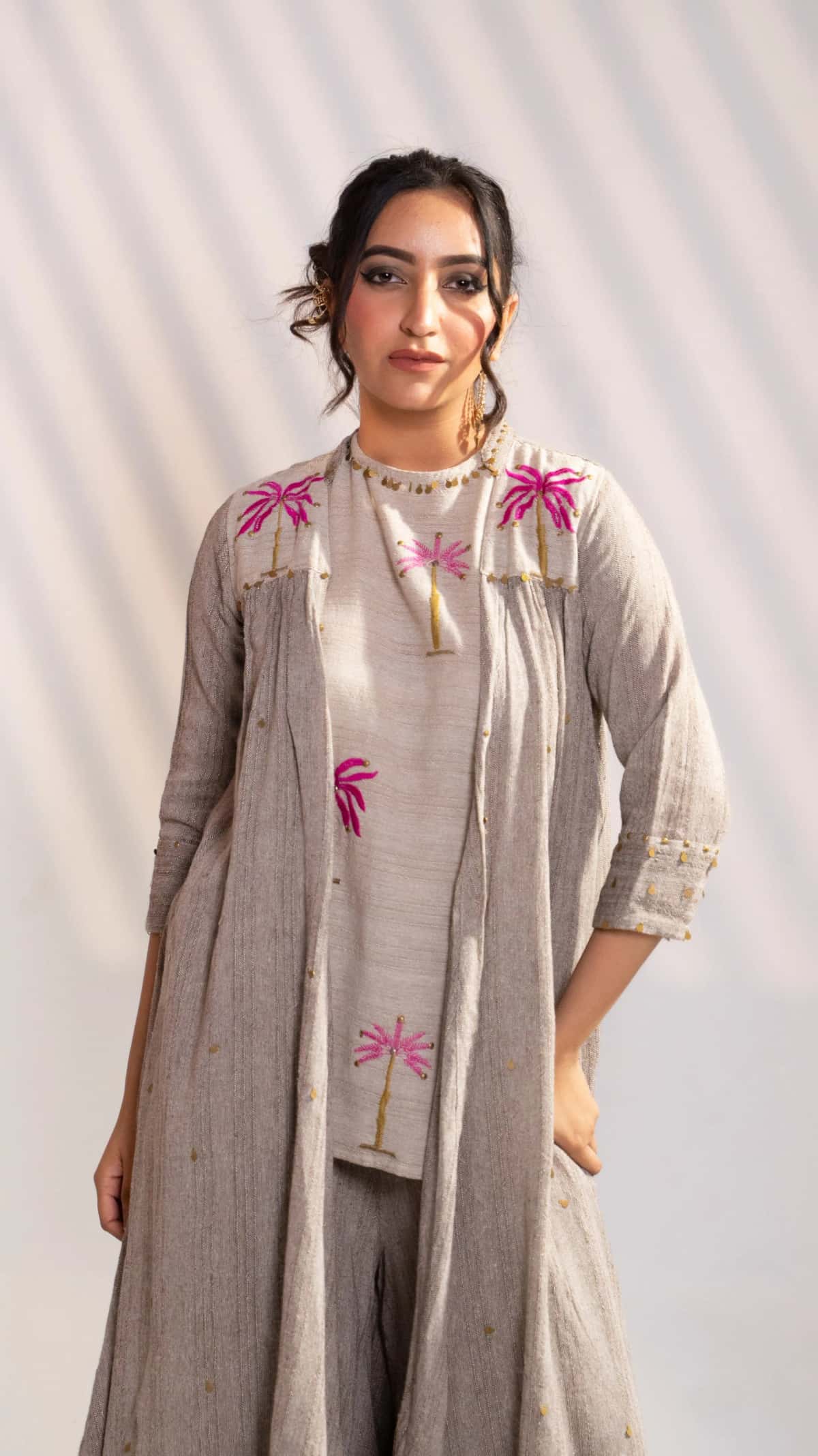 Natural Beige Palm Embroidered Co-Ord Set with Overlay Jacket (Set of 3) - 2