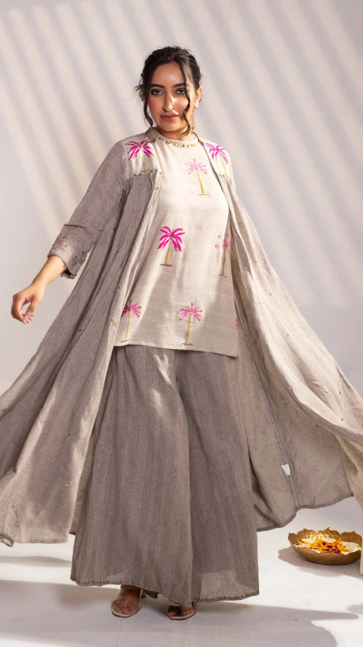 Natural Beige Palm Embroidered Co-Ord Set with Overlay Jacket (Set of 3) - 3