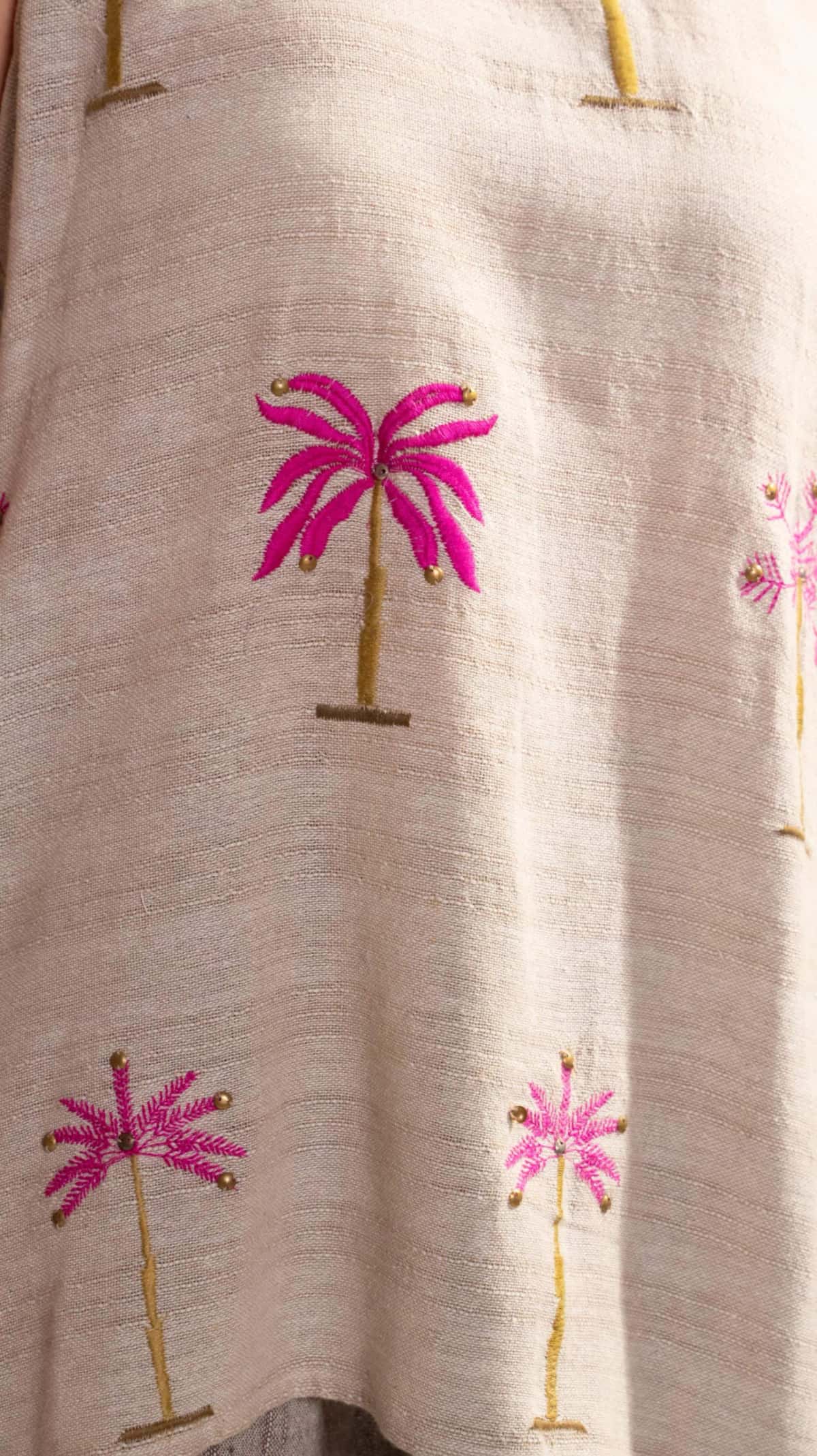 Natural Beige Palm Embroidered Co-Ord Set with Overlay Jacket (Set of 3) - 7