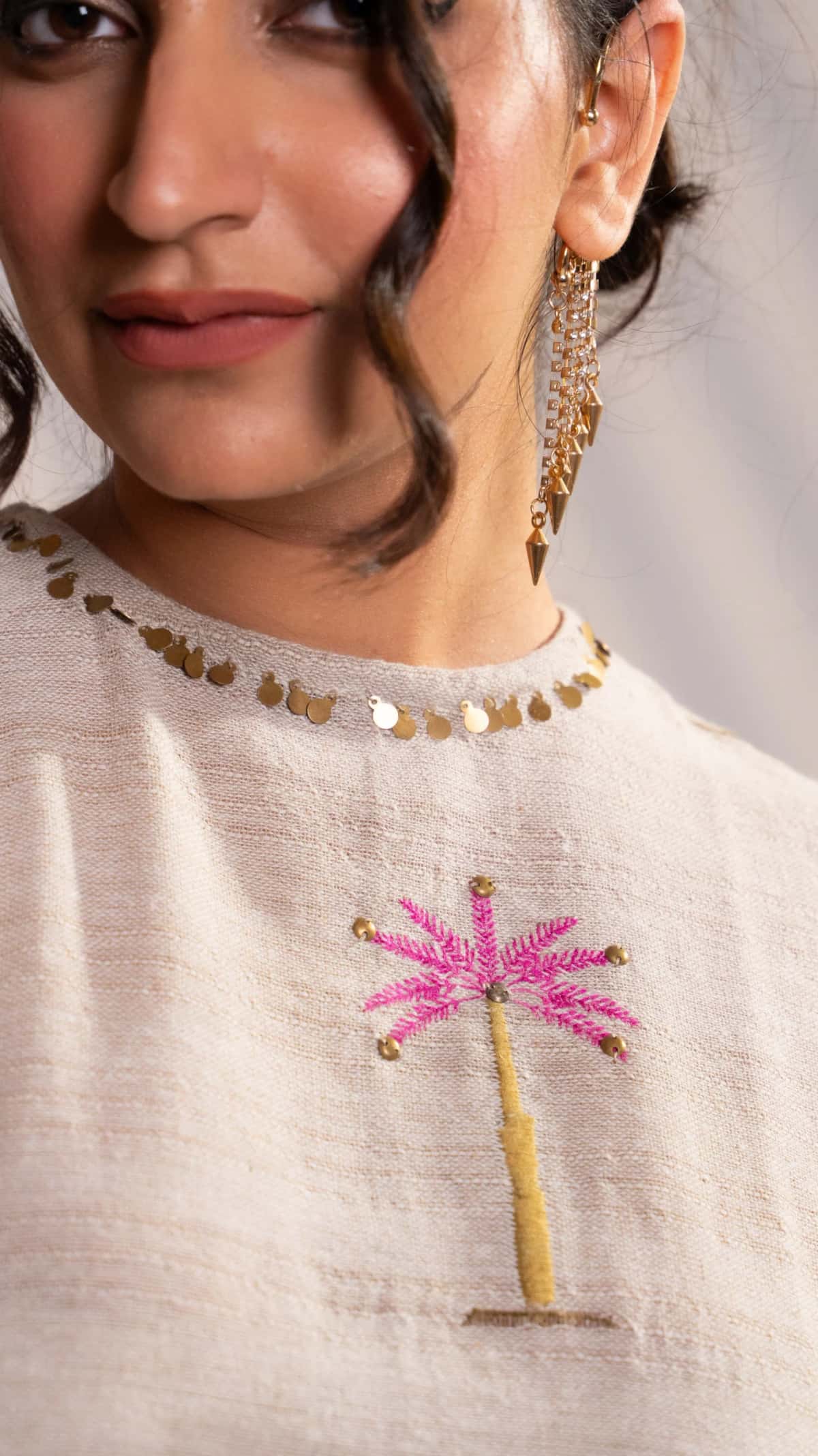 Natural Beige Palm Embroidered Co-Ord Set with Overlay Jacket (Set of 3) - 8