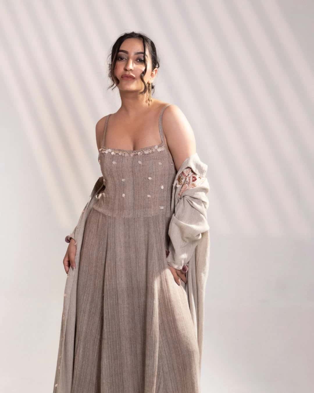 Sand Beige Khadi Embroidered Maxi Dress with Long Overlay Jacket (Set of 2) - 1