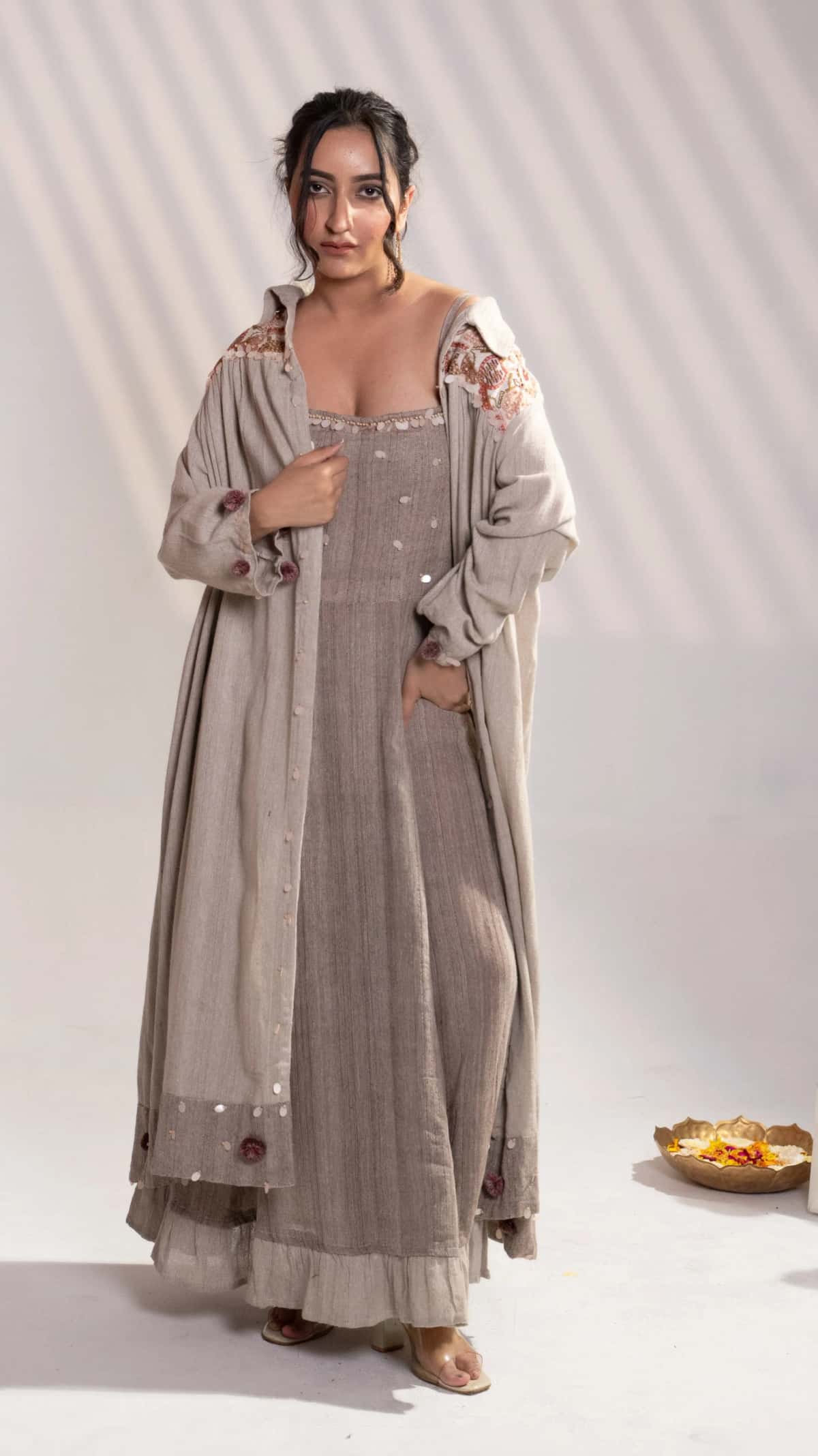 Sand Beige Khadi Embroidered Maxi Dress with Long Overlay Jacket (Set of 2) - 2