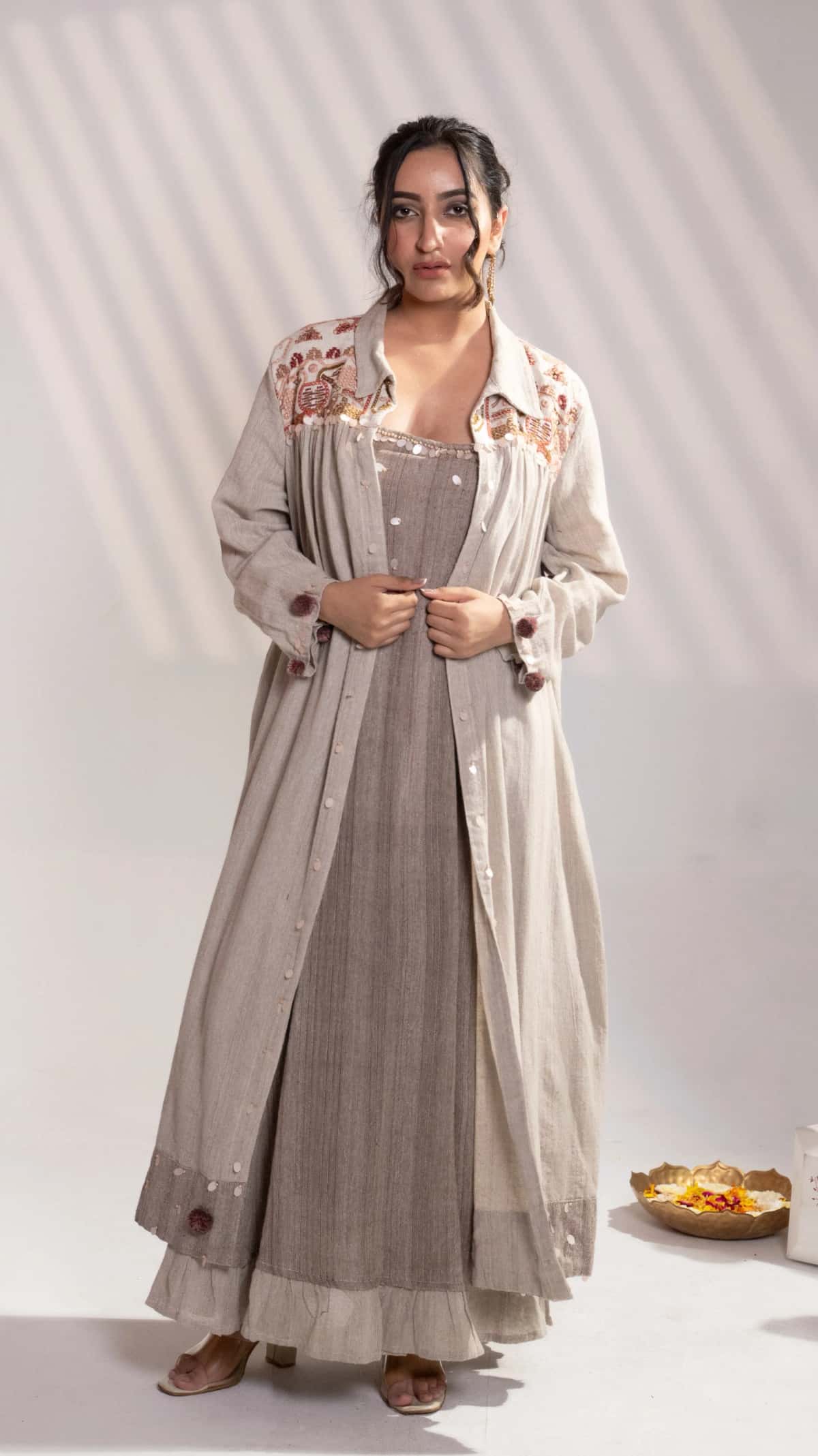 Sand Beige Khadi Embroidered Maxi Dress with Long Overlay Jacket (Set of 2) - 3