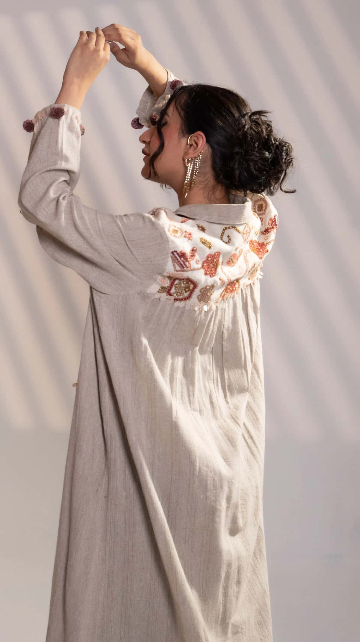 Sand Beige Khadi Embroidered Maxi Dress with Long Overlay Jacket (Set of 2) - 4