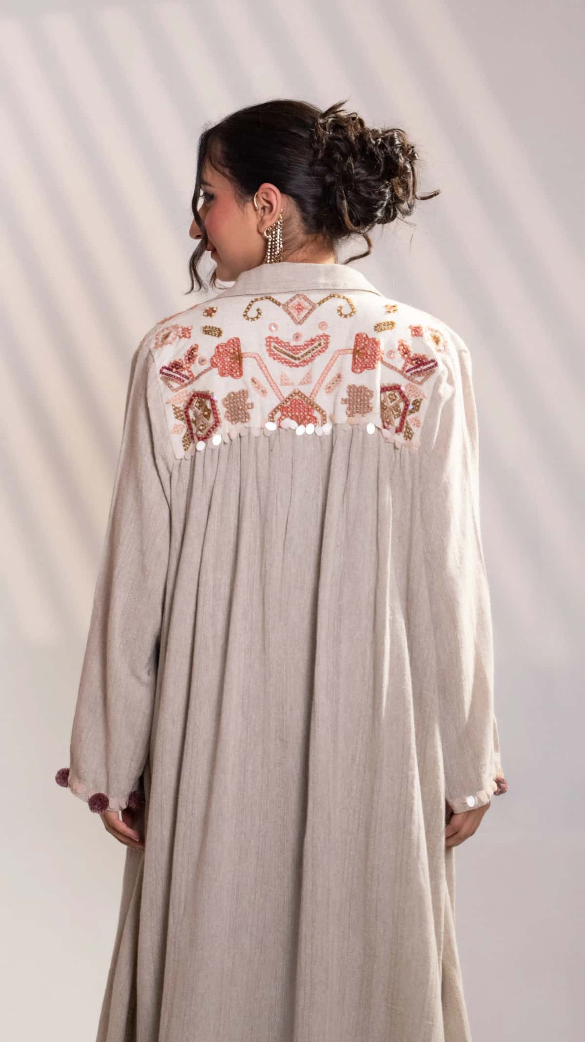 Sand Beige Khadi Embroidered Maxi Dress with Long Overlay Jacket (Set of 2) - 5