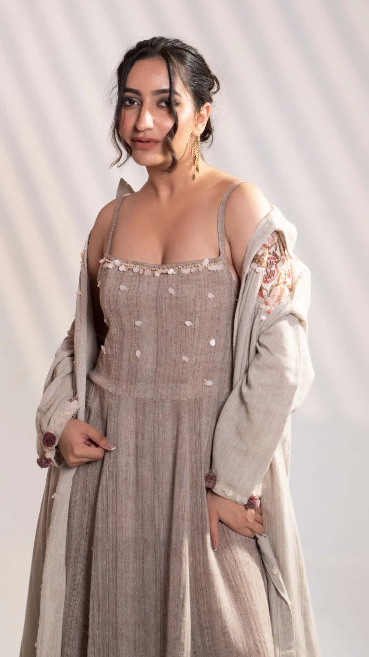 Sand Beige Khadi Embroidered Maxi Dress with Long Overlay Jacket (Set of 2) - 6