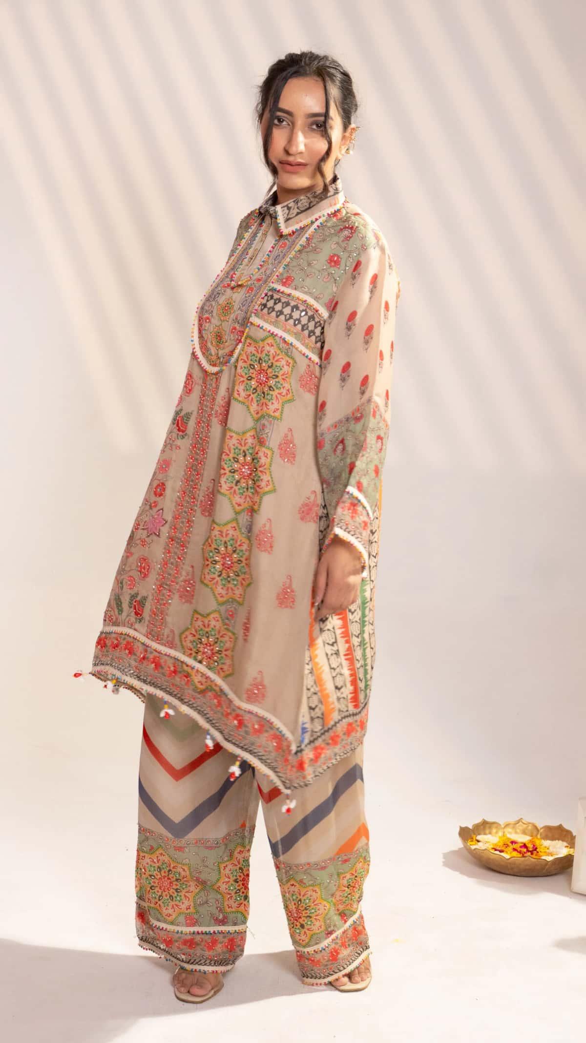 Multicolor Printed Kurta Set with Wide-Leg Palazzo (Set of 2) - 3