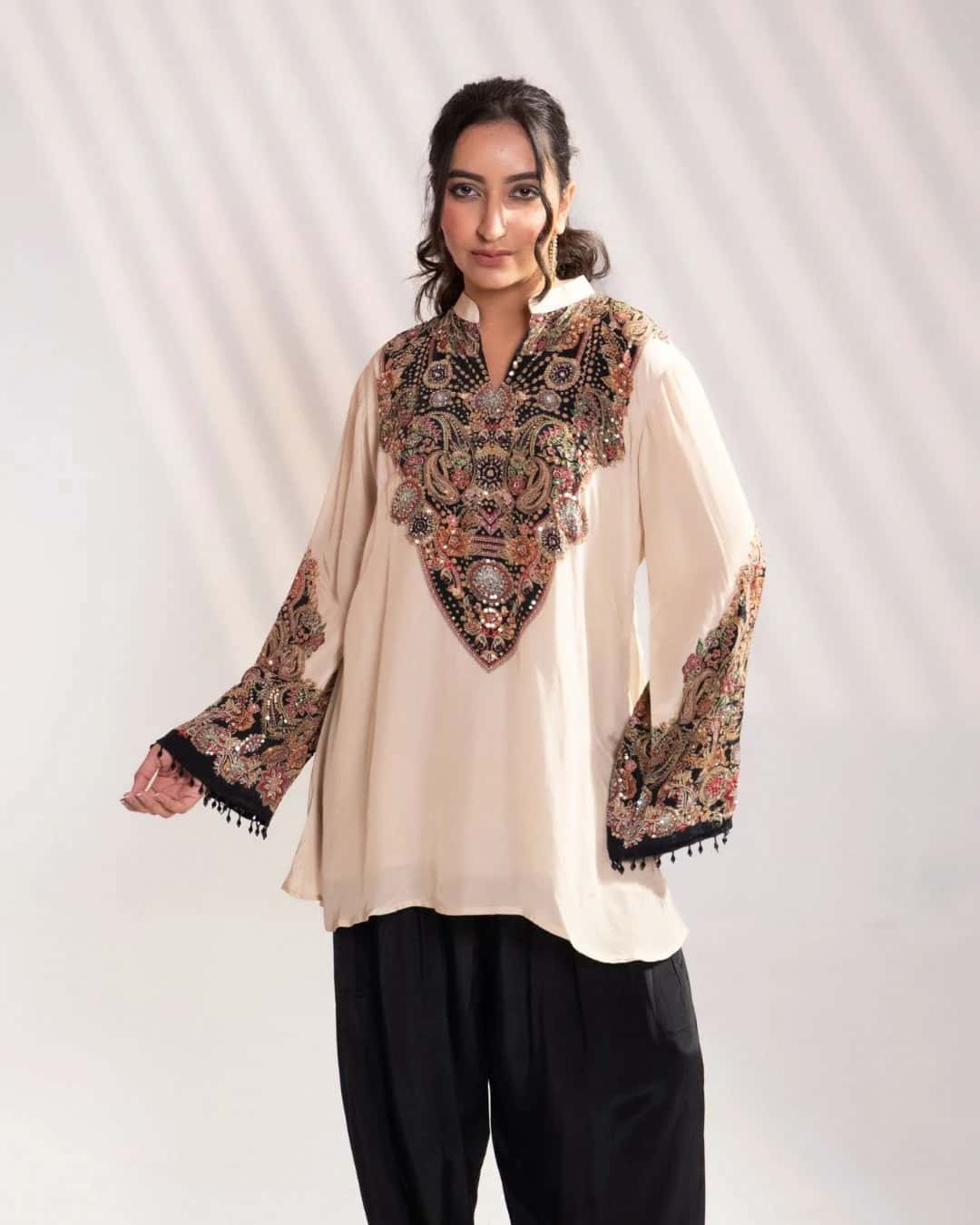 Beige & Black Embroidered Silk Kurta Set with Patiala Pants (Set of 2) - 1