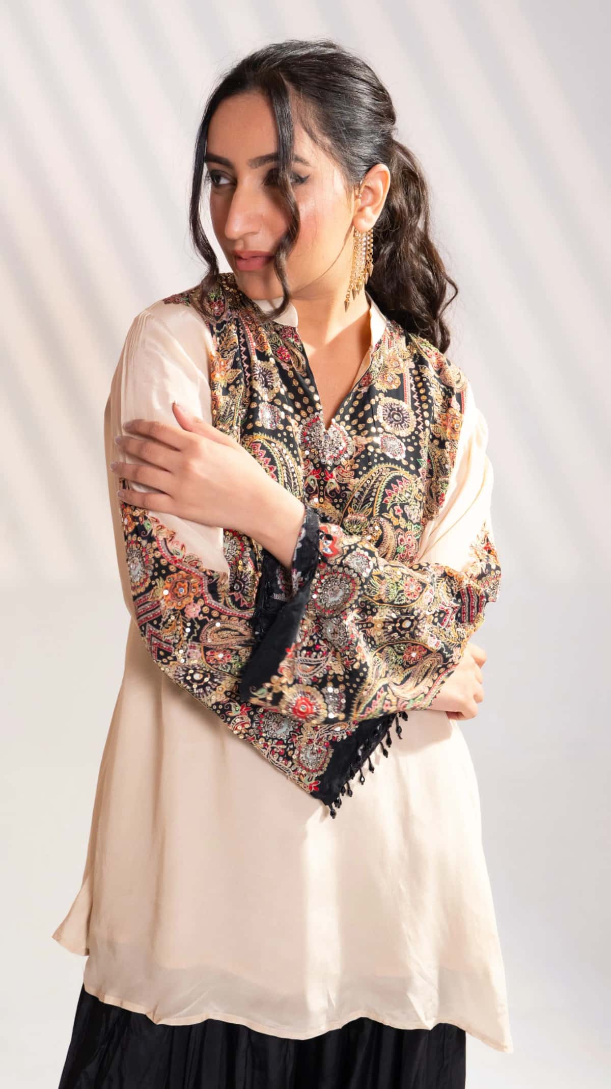 Beige & Black Embroidered Silk Kurta Set with Patiala Pants (Set of 2) - 3