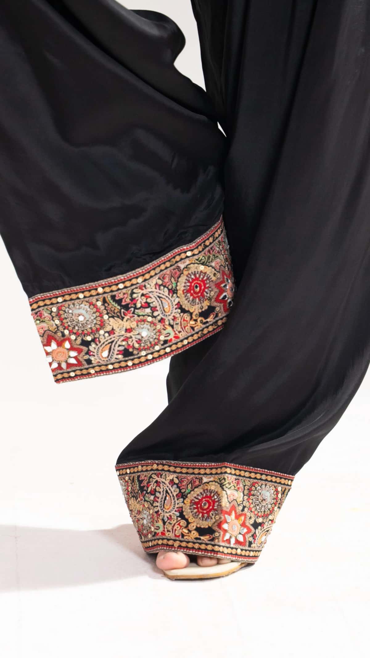 Beige & Black Embroidered Silk Kurta Set with Patiala Pants (Set of 2) - 4