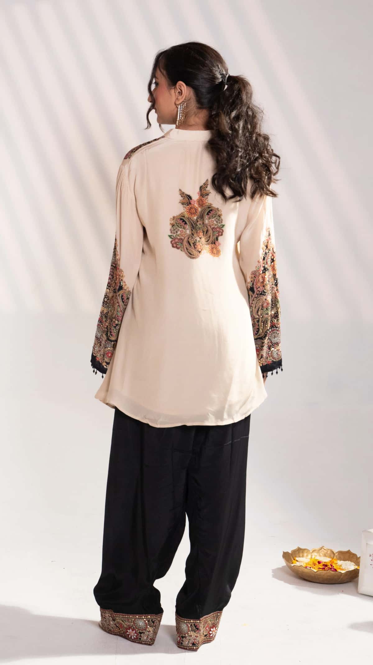Beige & Black Embroidered Silk Kurta Set with Patiala Pants (Set of 2) - 5