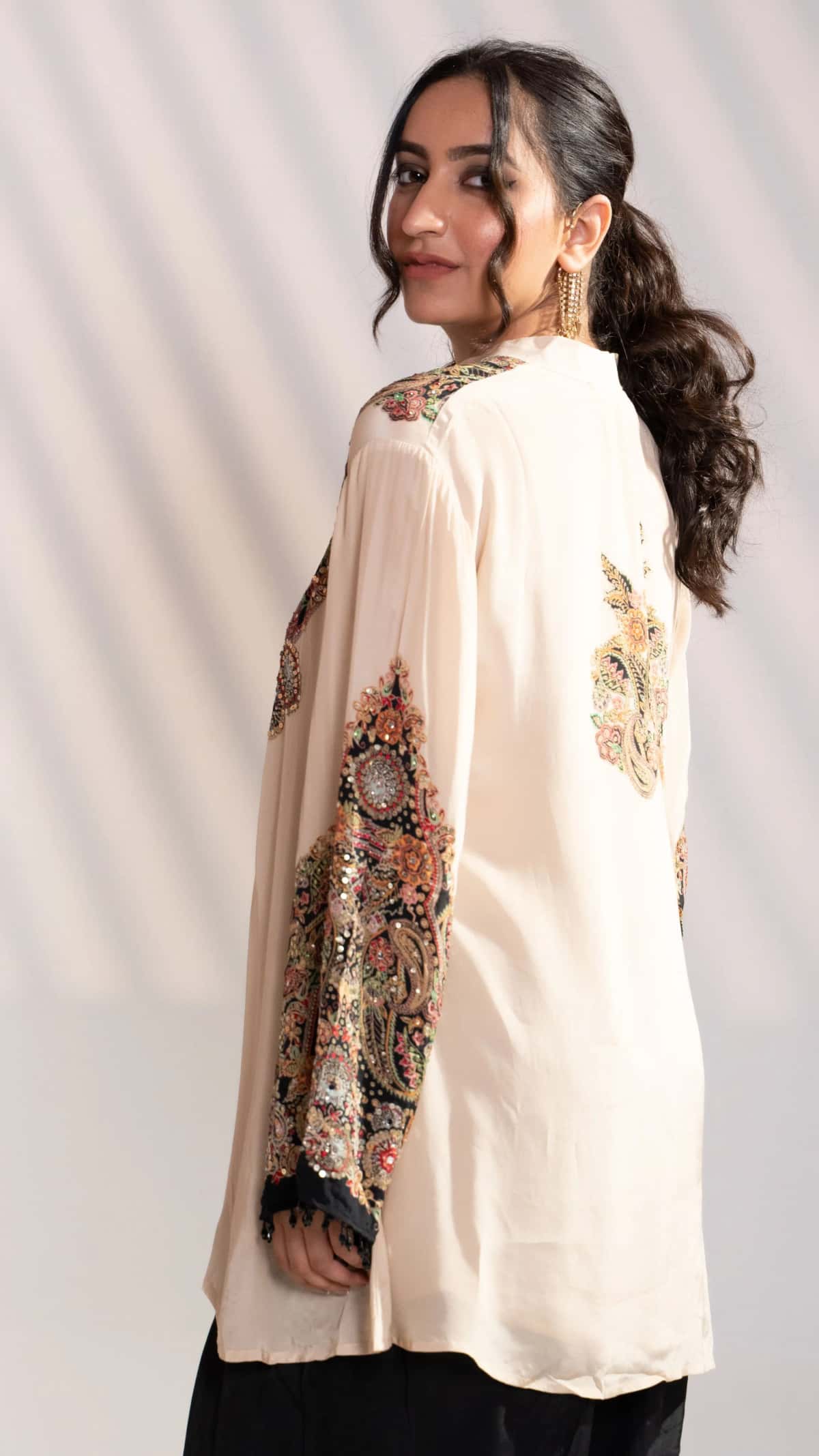 Beige & Black Embroidered Silk Kurta Set with Patiala Pants (Set of 2) - 6